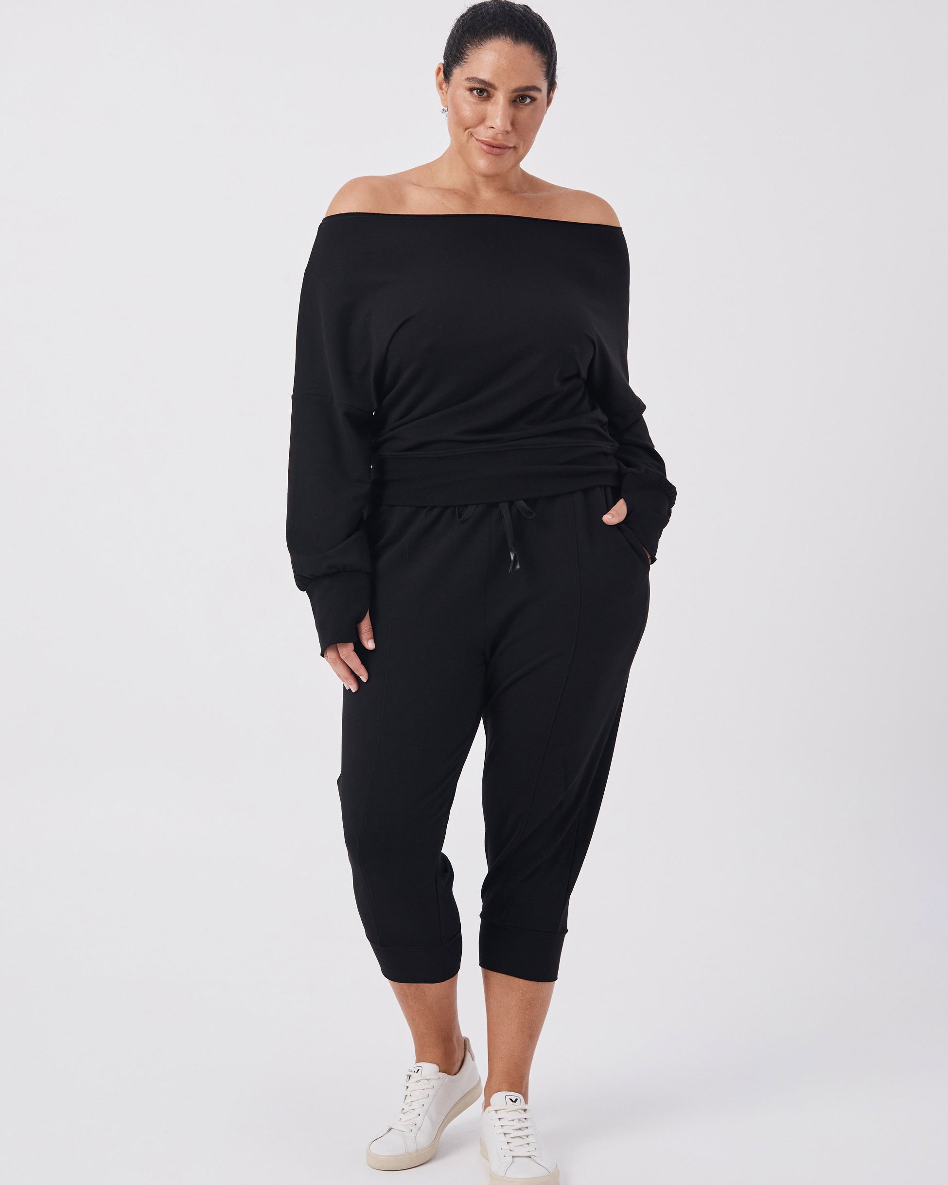French Terry Off Shoulder Sweatshirt - Black