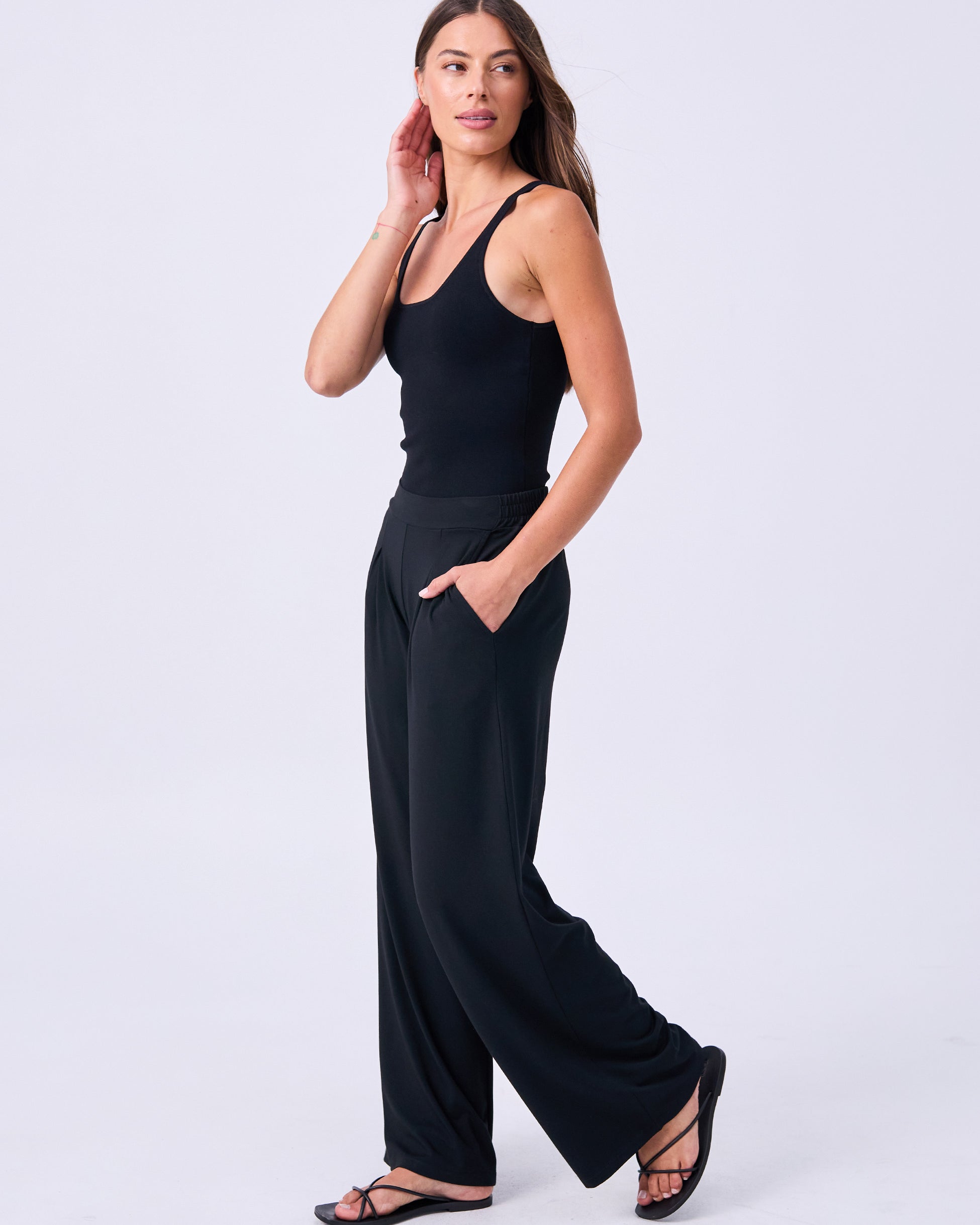 Pleat Front Wide Leg Pants - Black