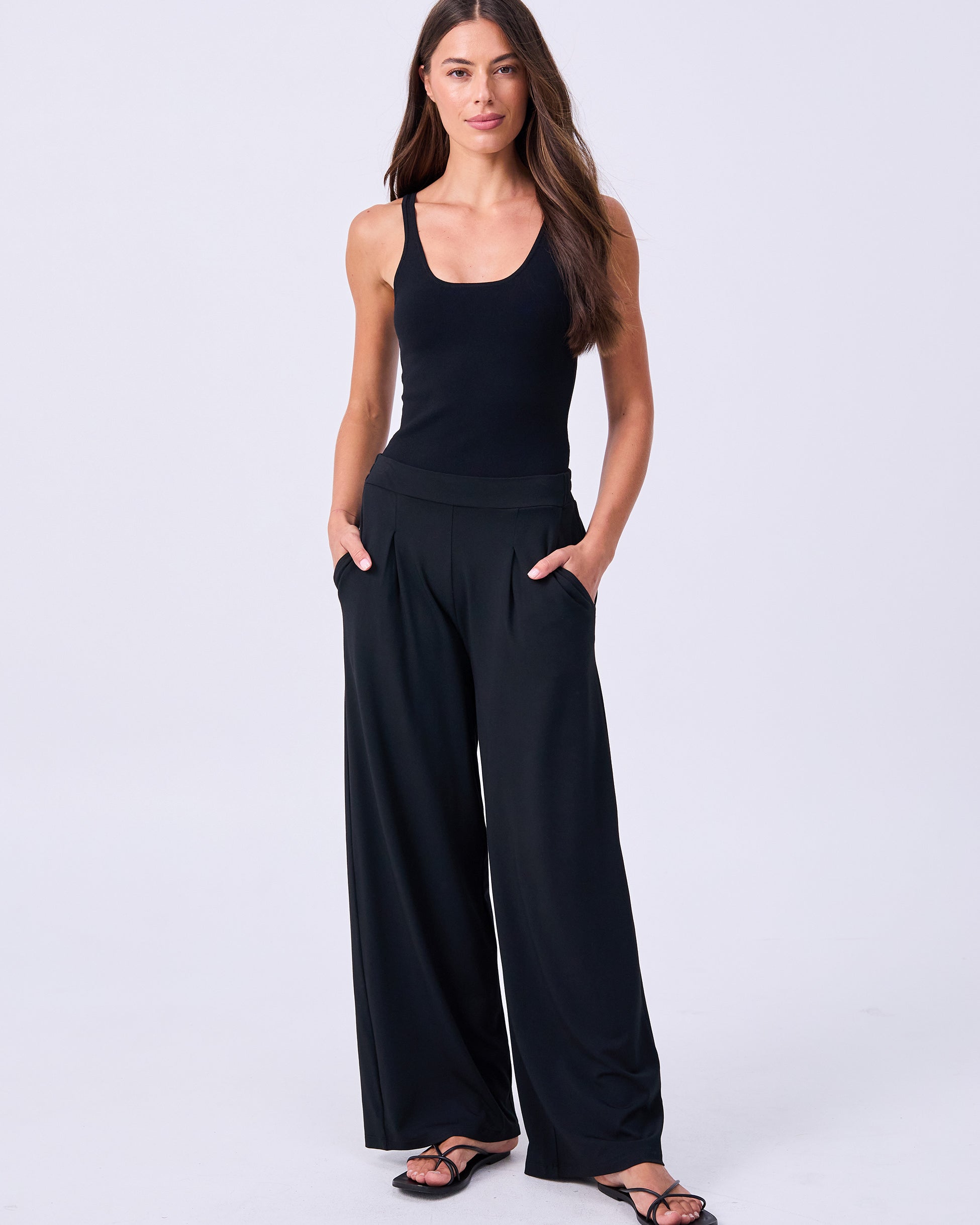Pleat Front Wide Leg Pants - Black
