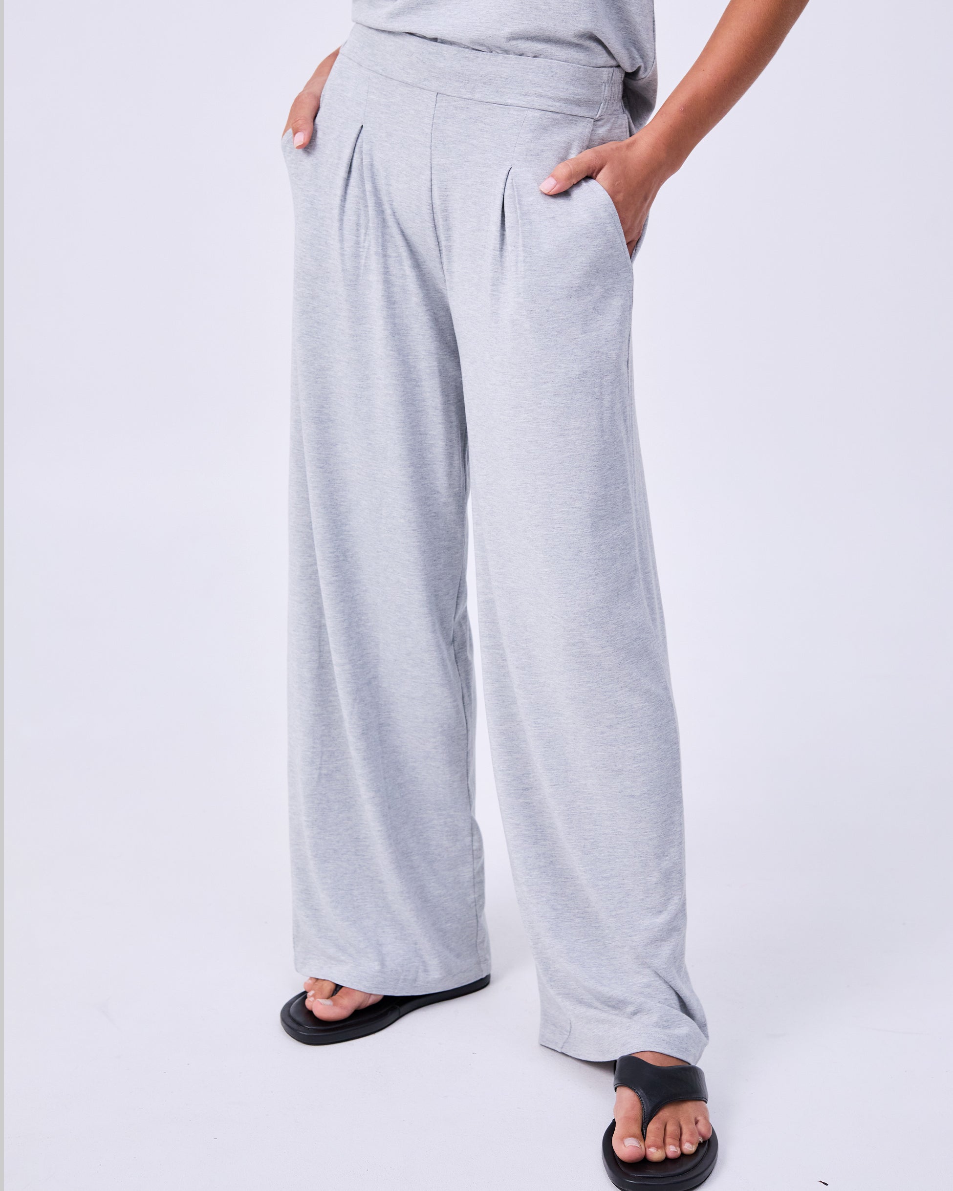 Pleat Front Wide Leg Pants - Melange Grey