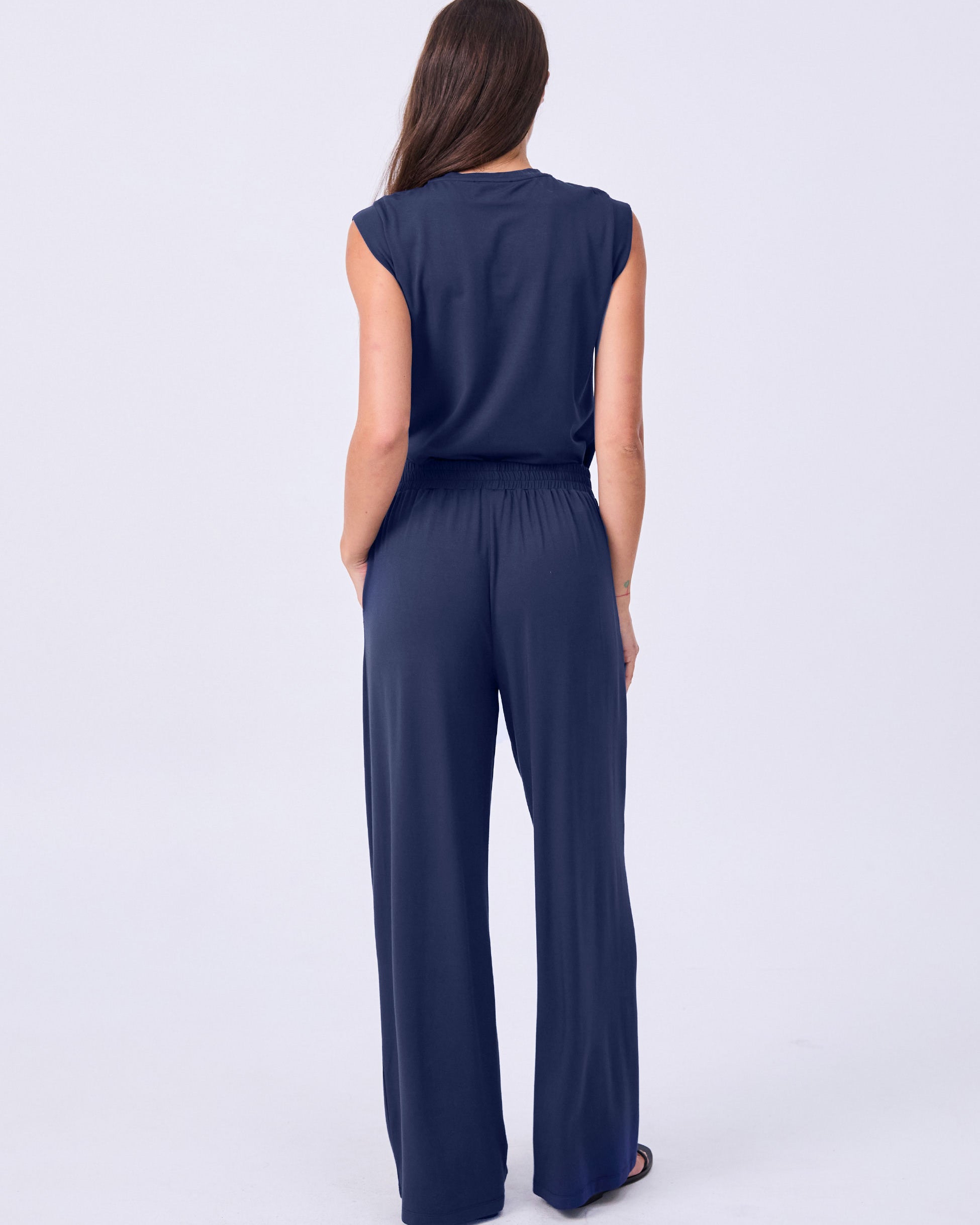 Pleat Front Wide Leg Pants - Navy