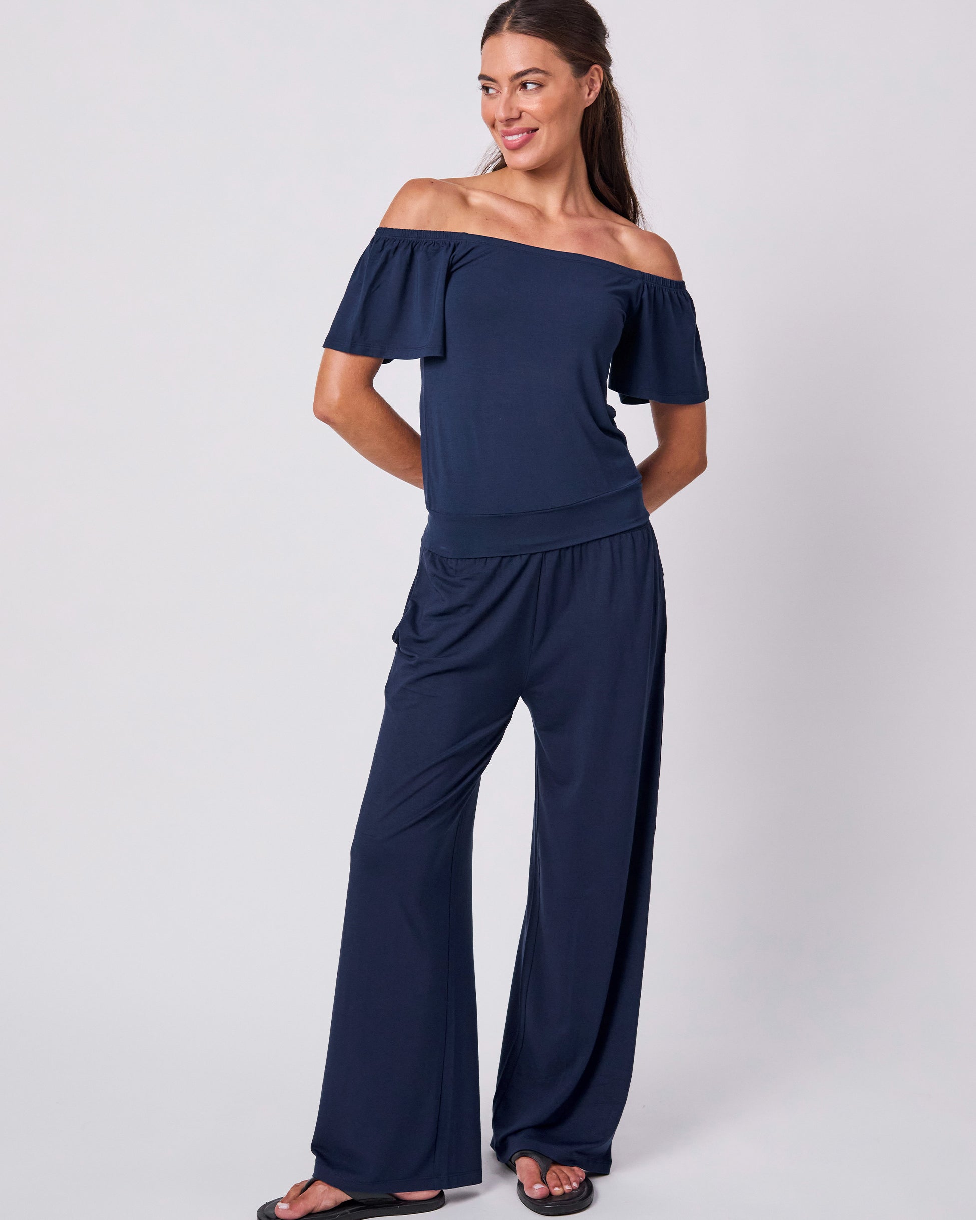 Off Shoulder Bell Sleeve Top - Navy