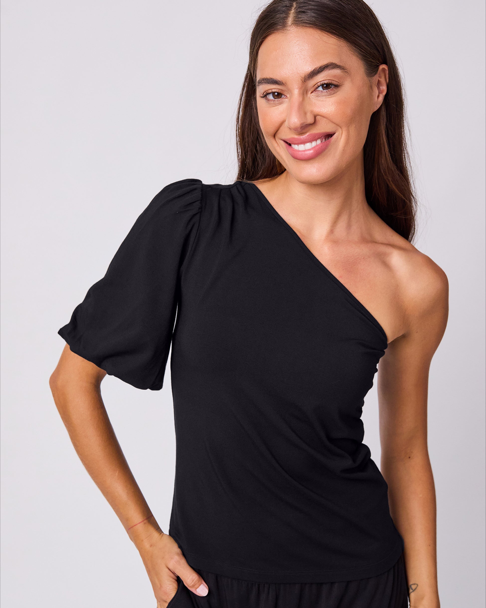 One Shoulder Bell Sleeve Top - Black