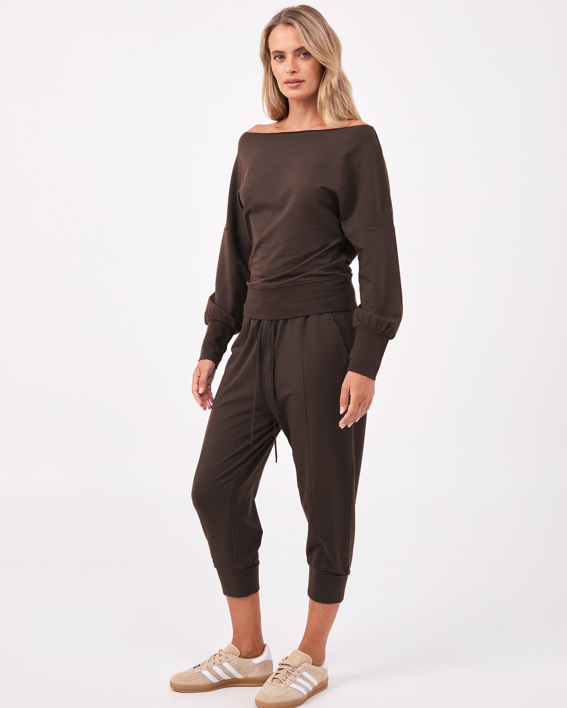 French Terry Off Shoulder Sweatshirt - Coffee Bean