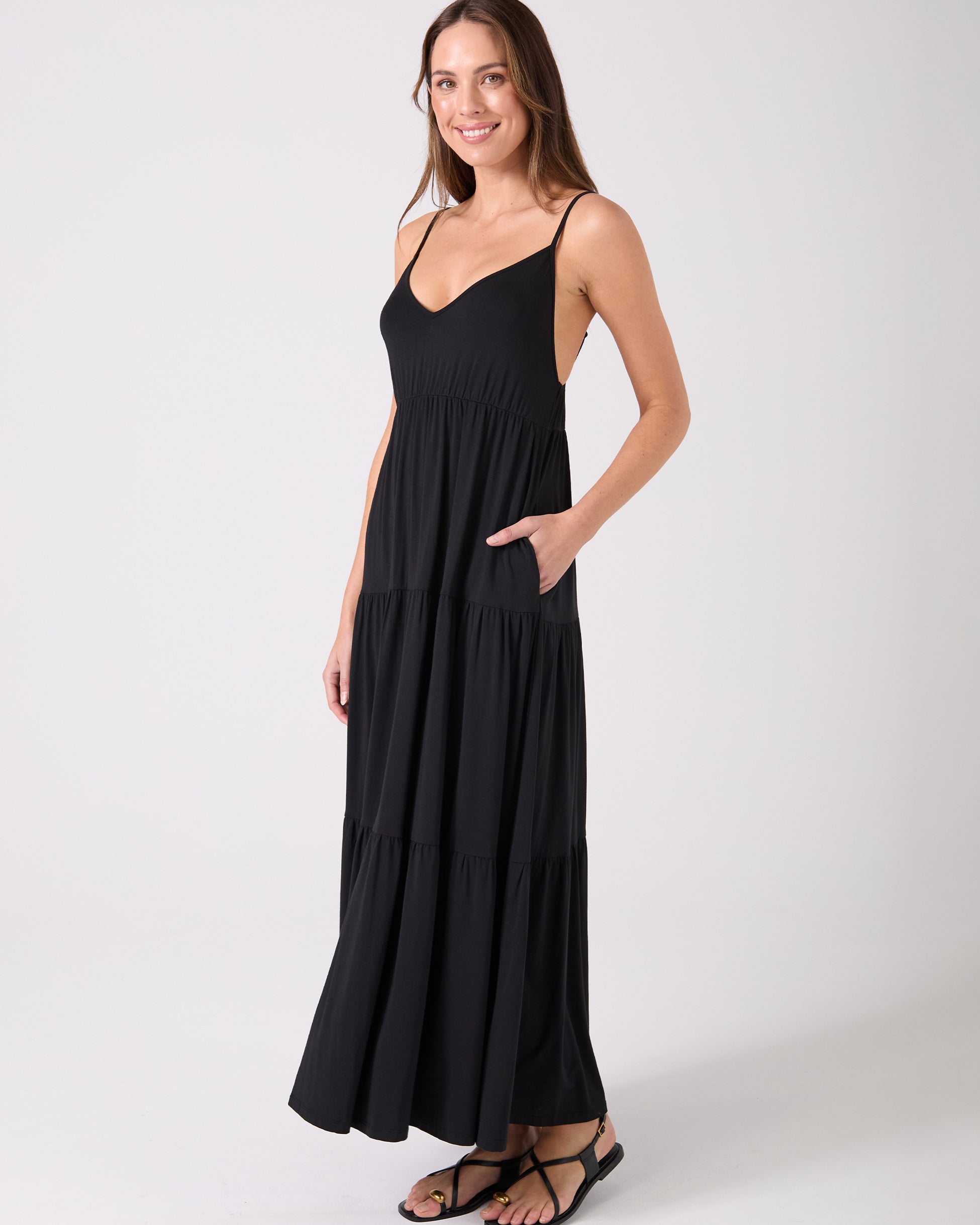 V Neck Gypsy Dress - Black