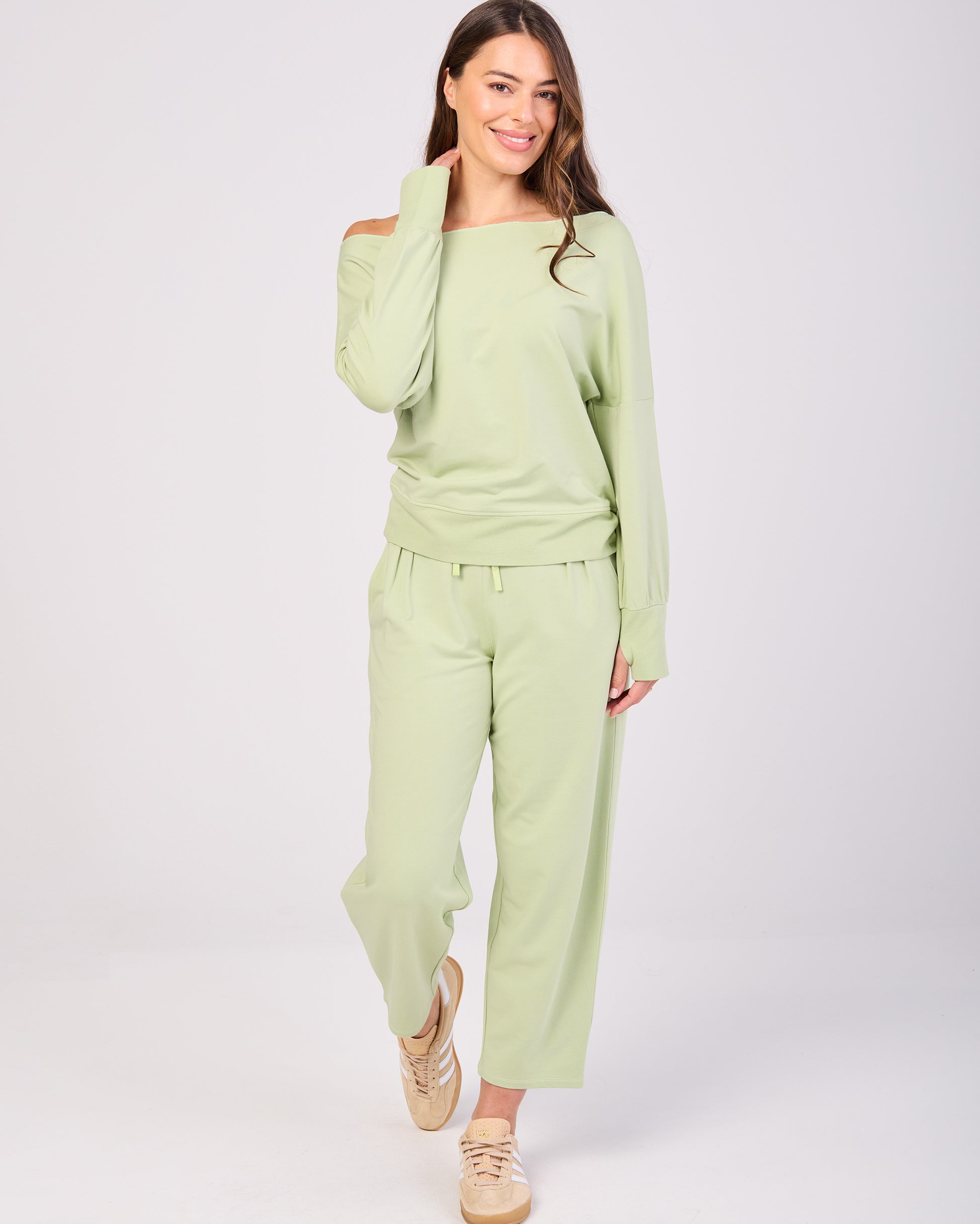 French Terry Off Shoulder Sweatshirt - Matcha Green