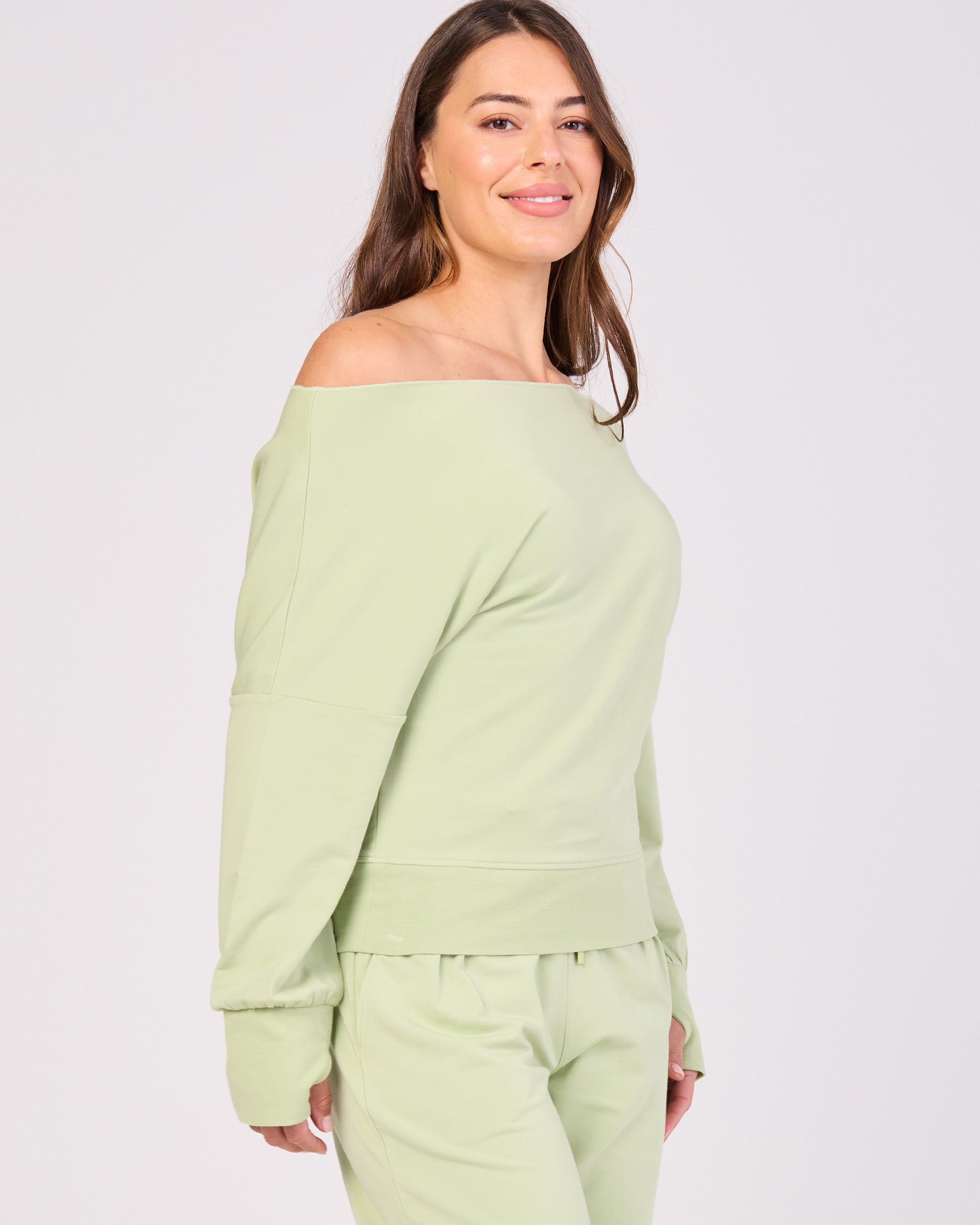 French Terry Off Shoulder Sweatshirt - Matcha Green