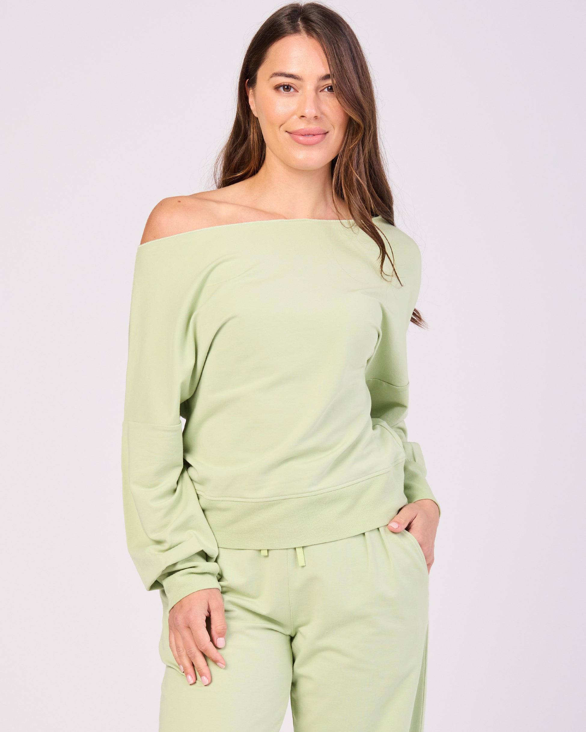 French Terry Off Shoulder Sweatshirt - Matcha Green