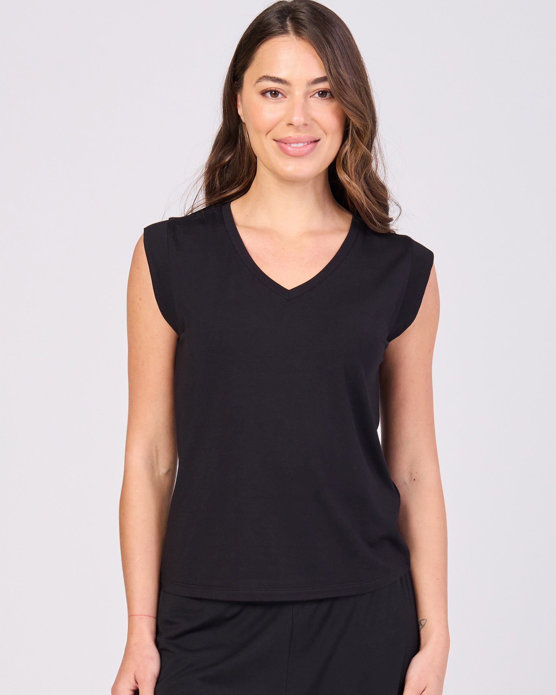 V Neck Modal Cap Sleeve Tee - Black