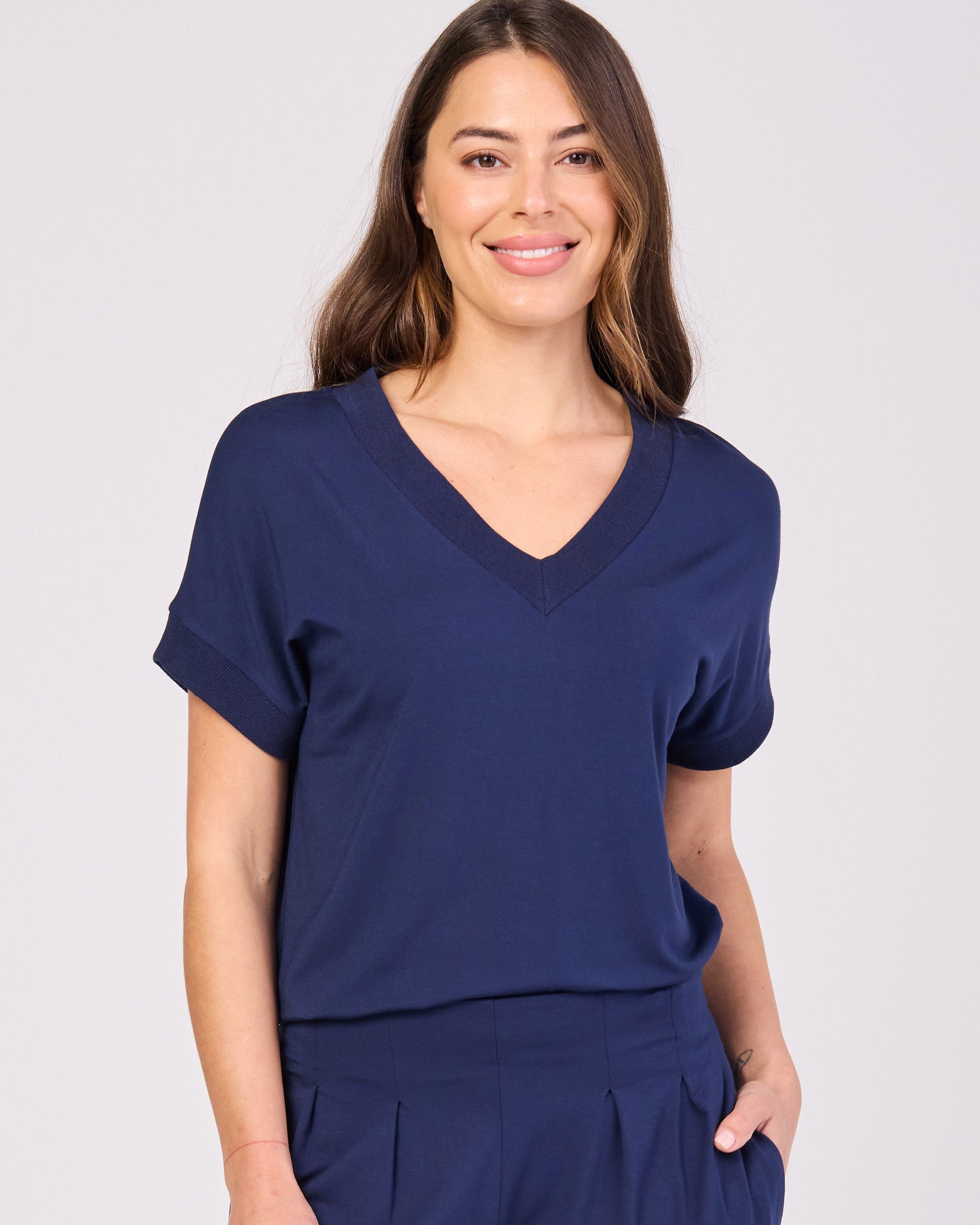 Simone V Neck Top- Navy