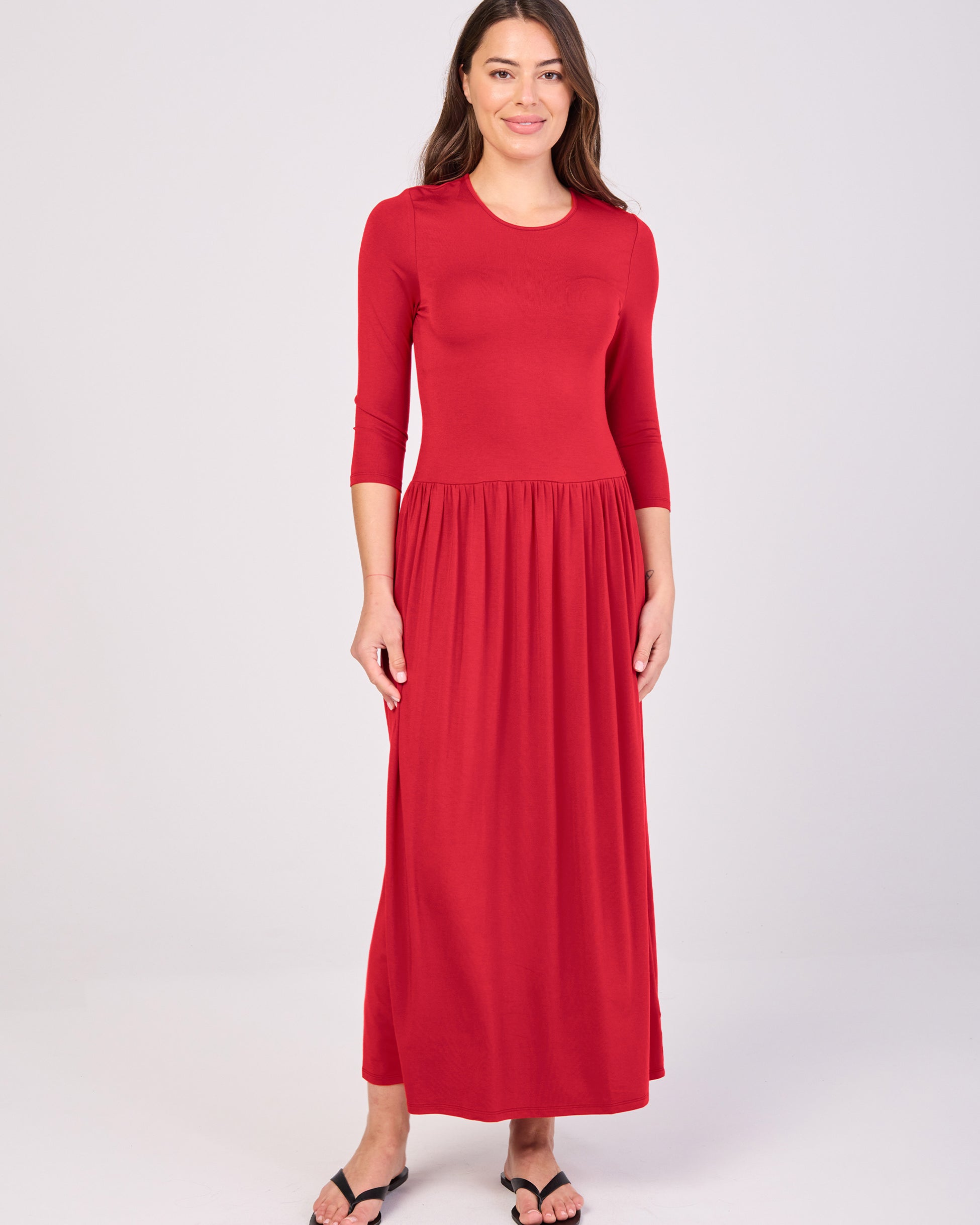 7/8 Sleeve Essential Maxi Dress - Cherry