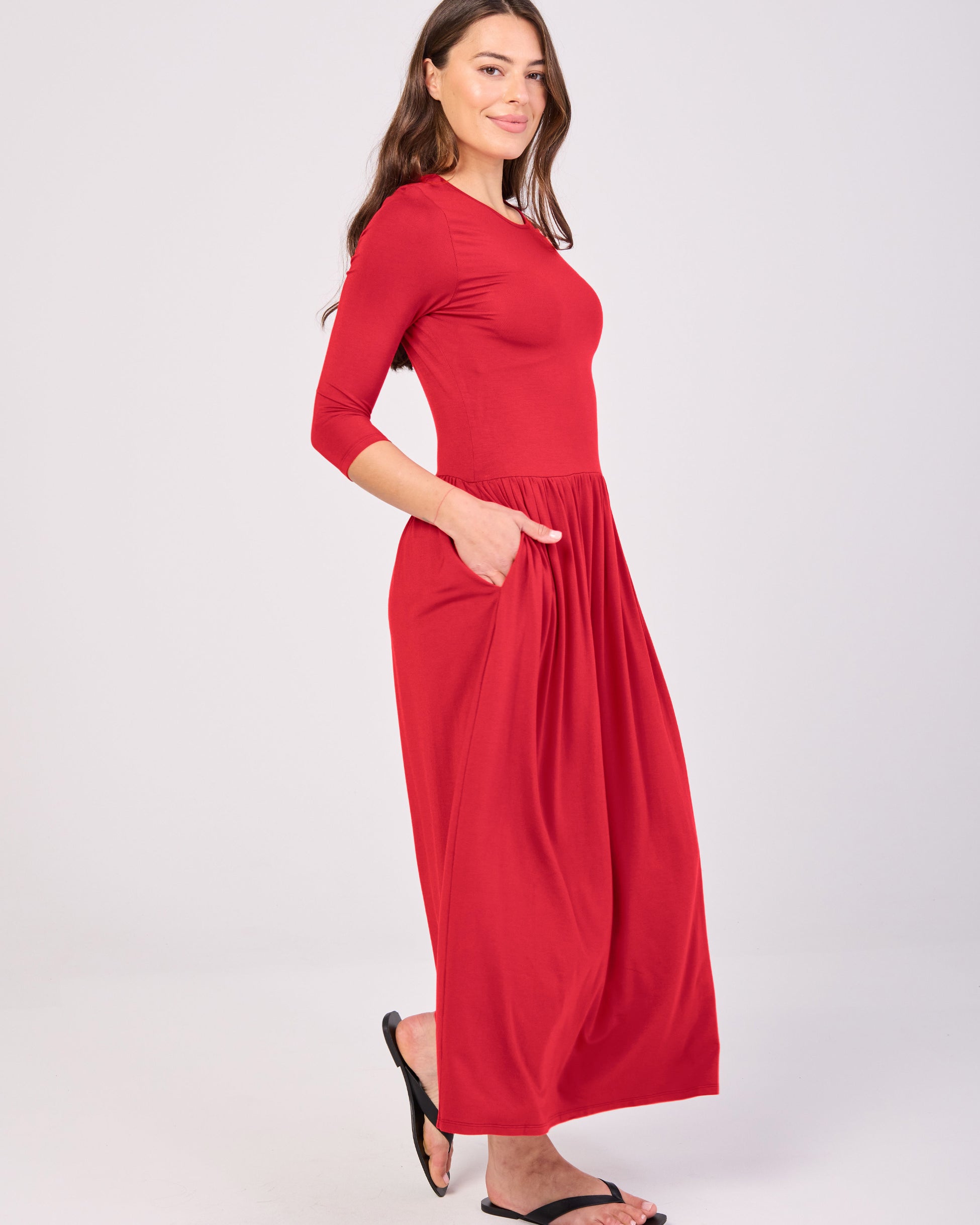 7/8 Sleeve Essential Maxi Dress - Cherry