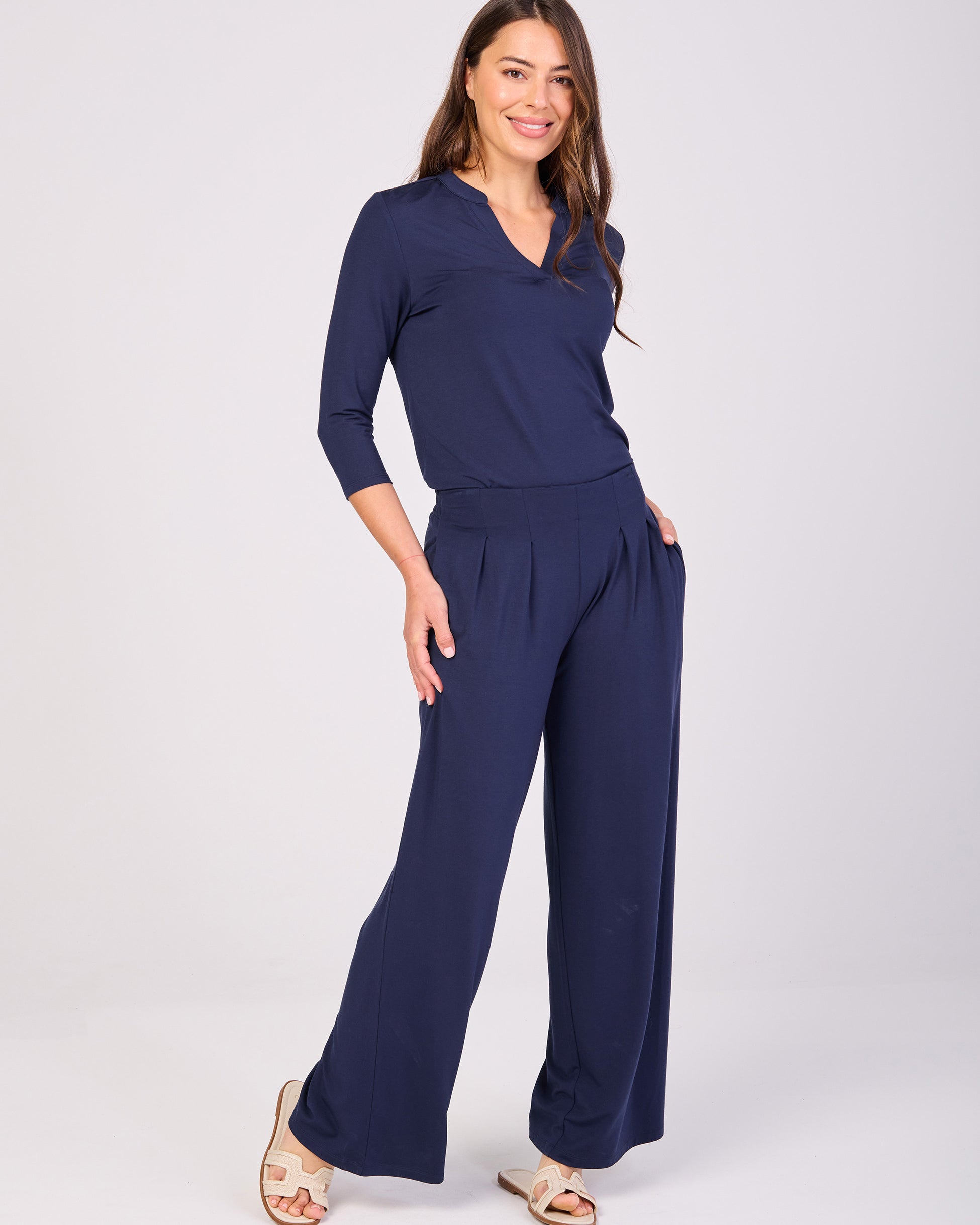 7/8 sleeve Nero Placket Tee- Navy