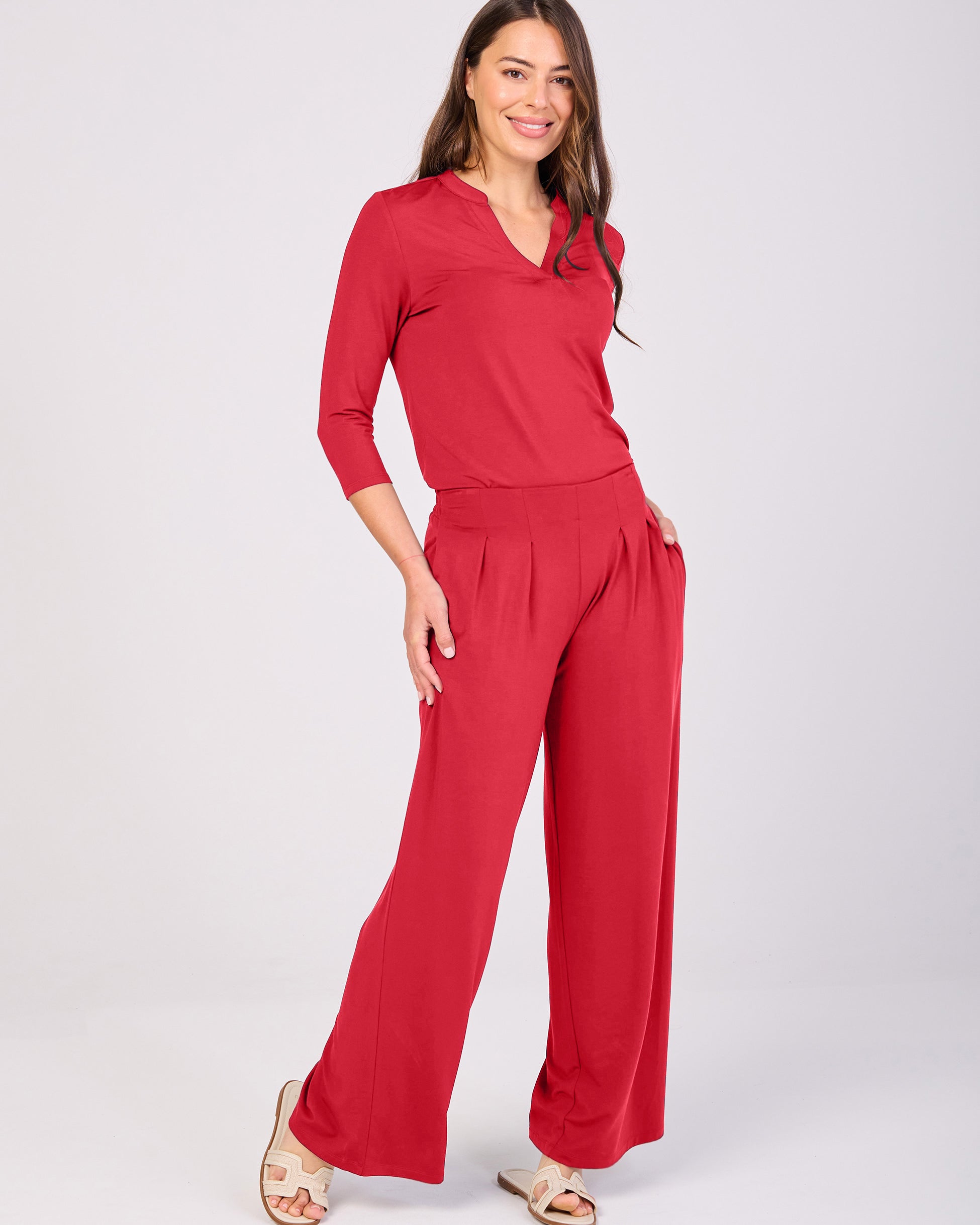 7/8 sleeve Nero Placket Tee- Cherry