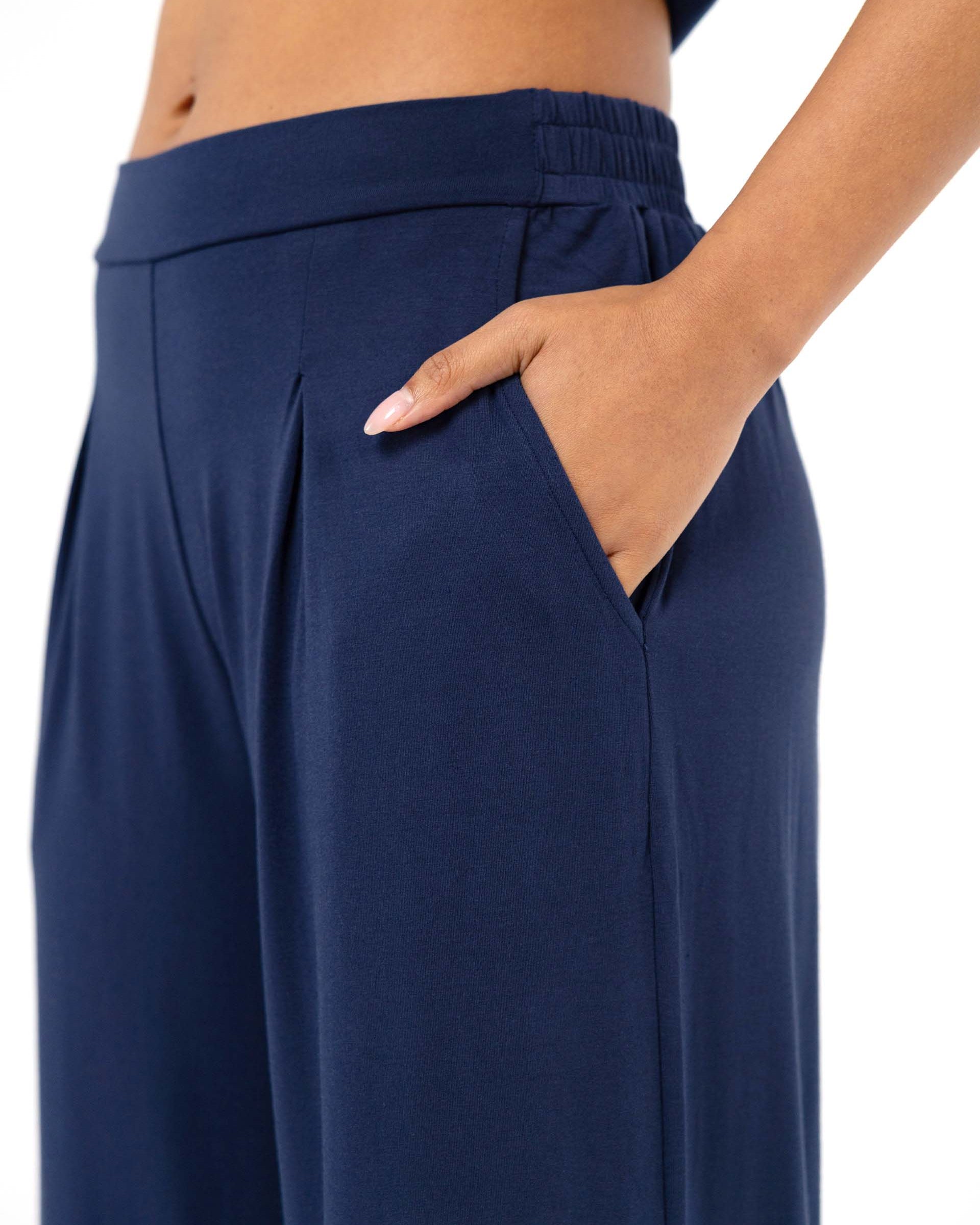 Pleat Front Wide Leg Pants - Navy