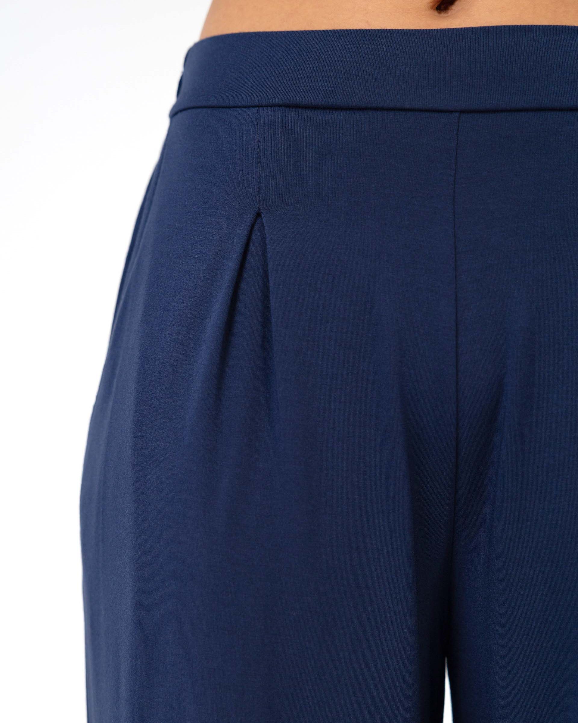 Pleat Front Wide Leg Pants - Navy