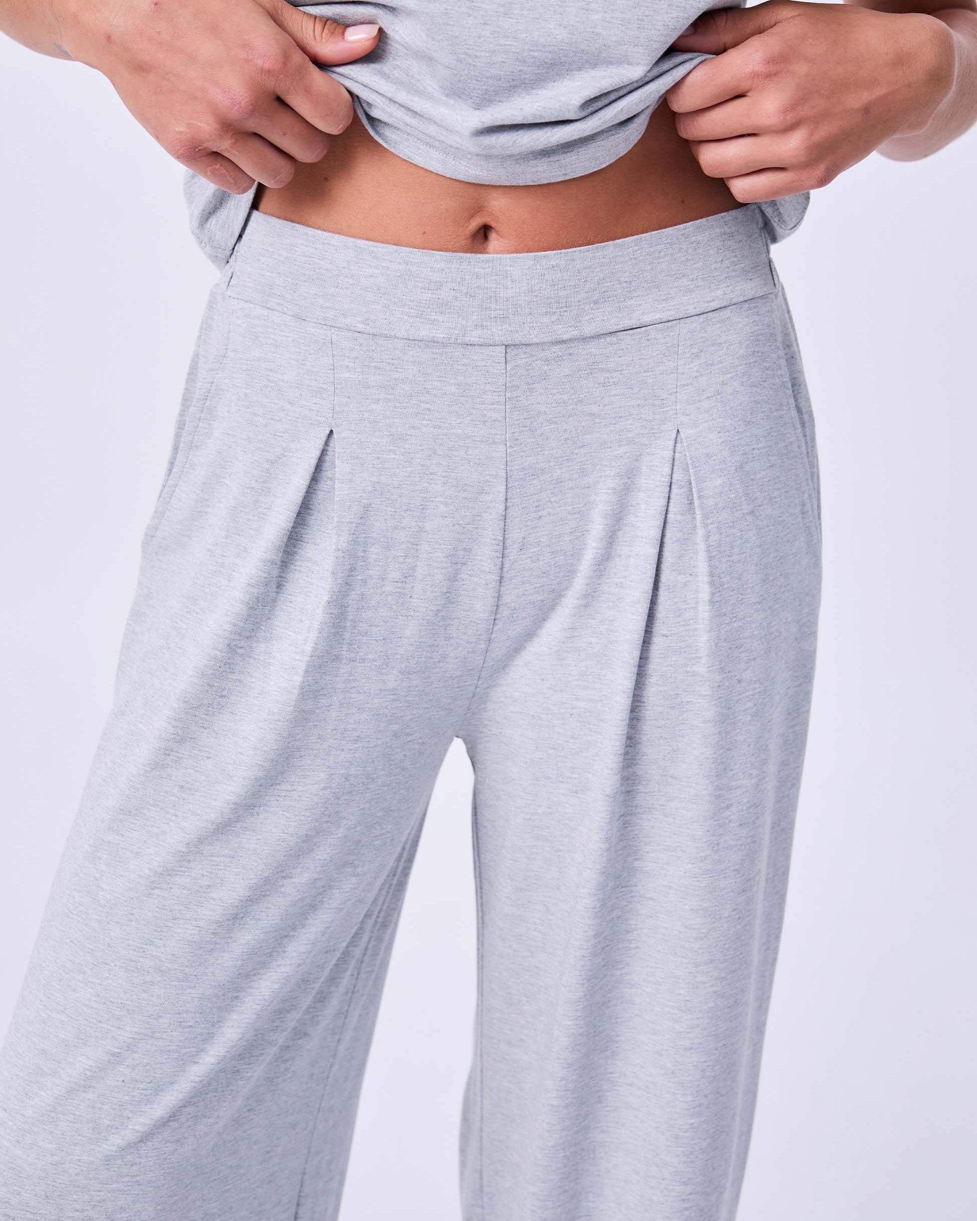 Pleat Front Wide Leg Pants - Melange Grey