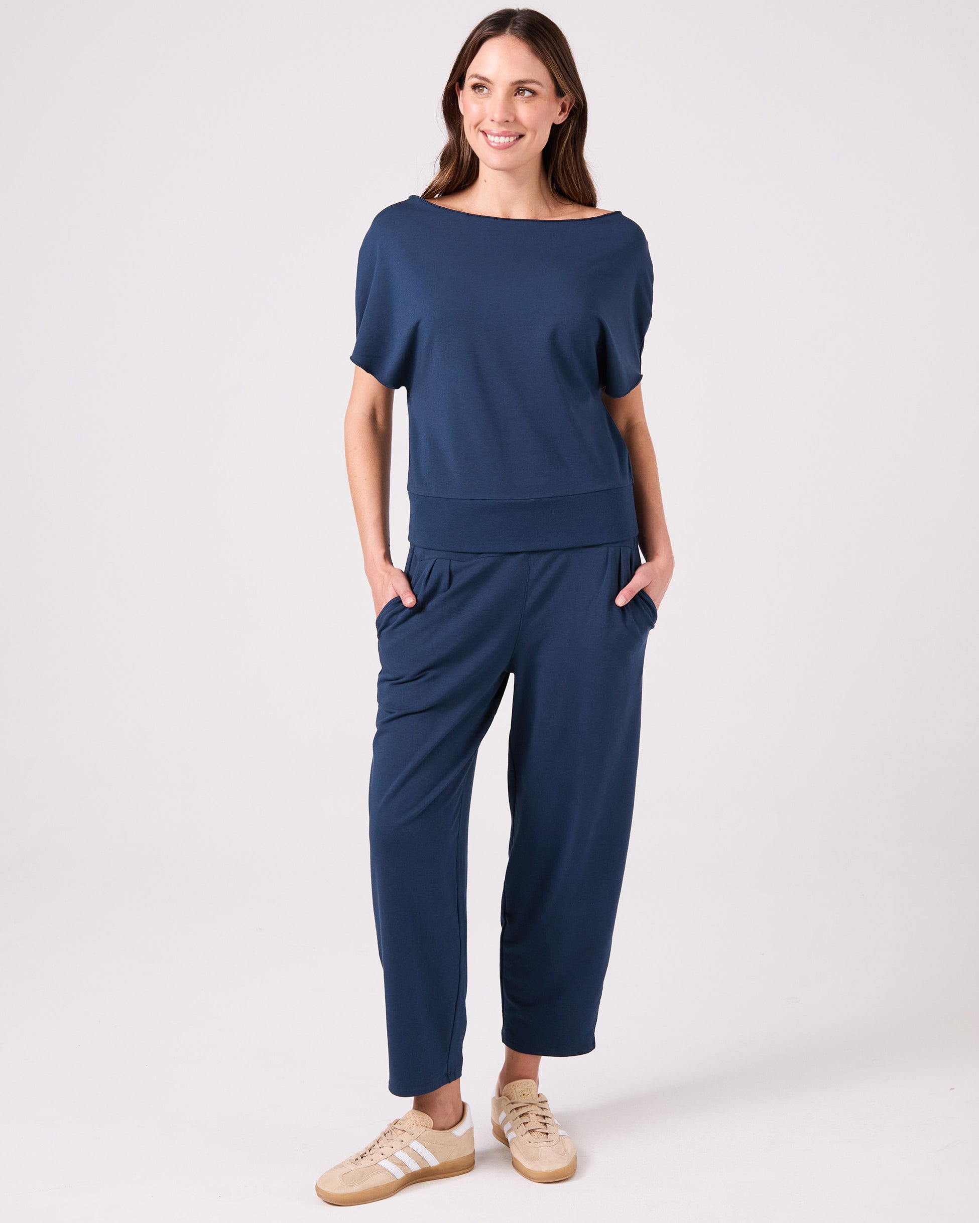 French Terry Short Sleeve Off Shoulder Sweatshirt - Navy