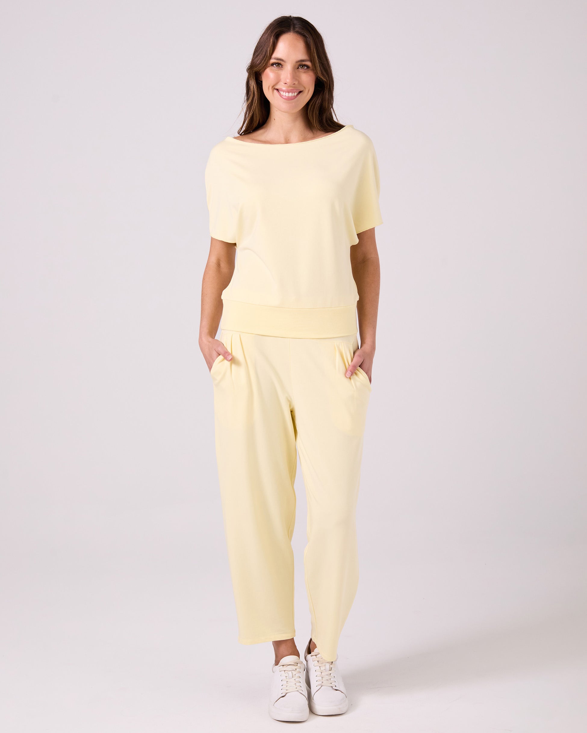 French Terry Short Sleeve Off Shoulder Sweatshirt - Pastel Yellow