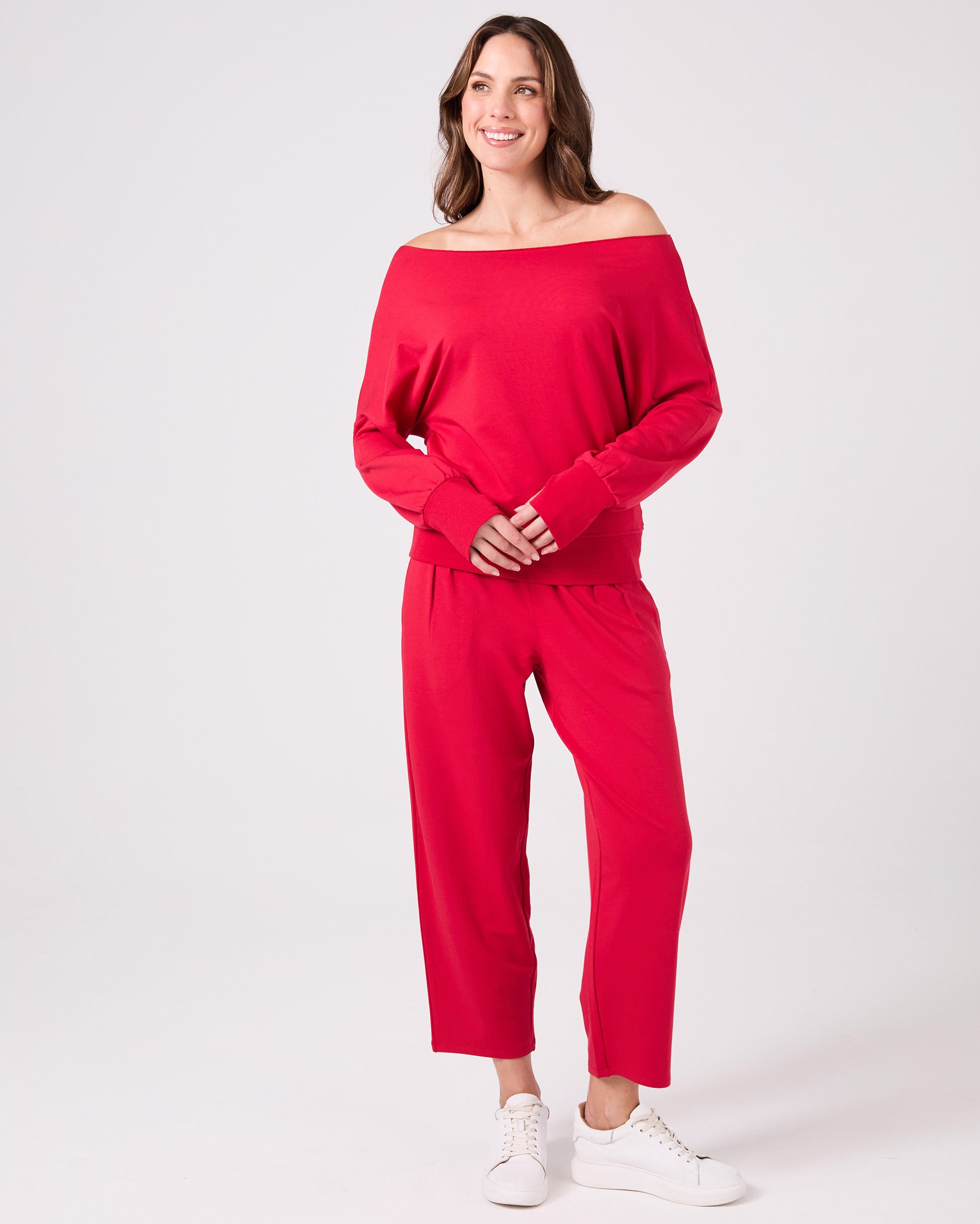French Terry Off Shoulder Sweatshirt - Cherry