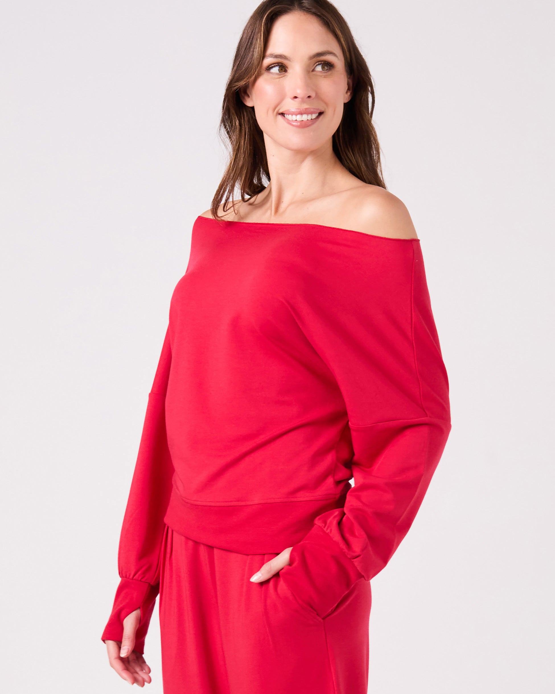 French Terry Off Shoulder Sweatshirt - Cherry