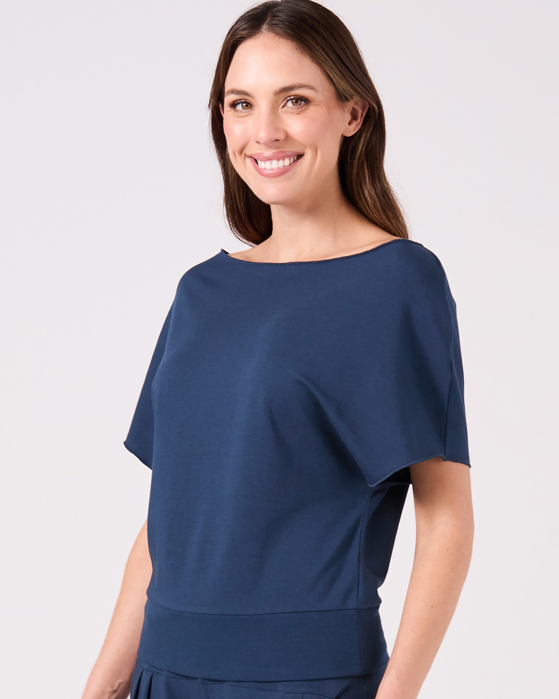 French Terry Short Sleeve Off Shoulder Sweatshirt - Navy