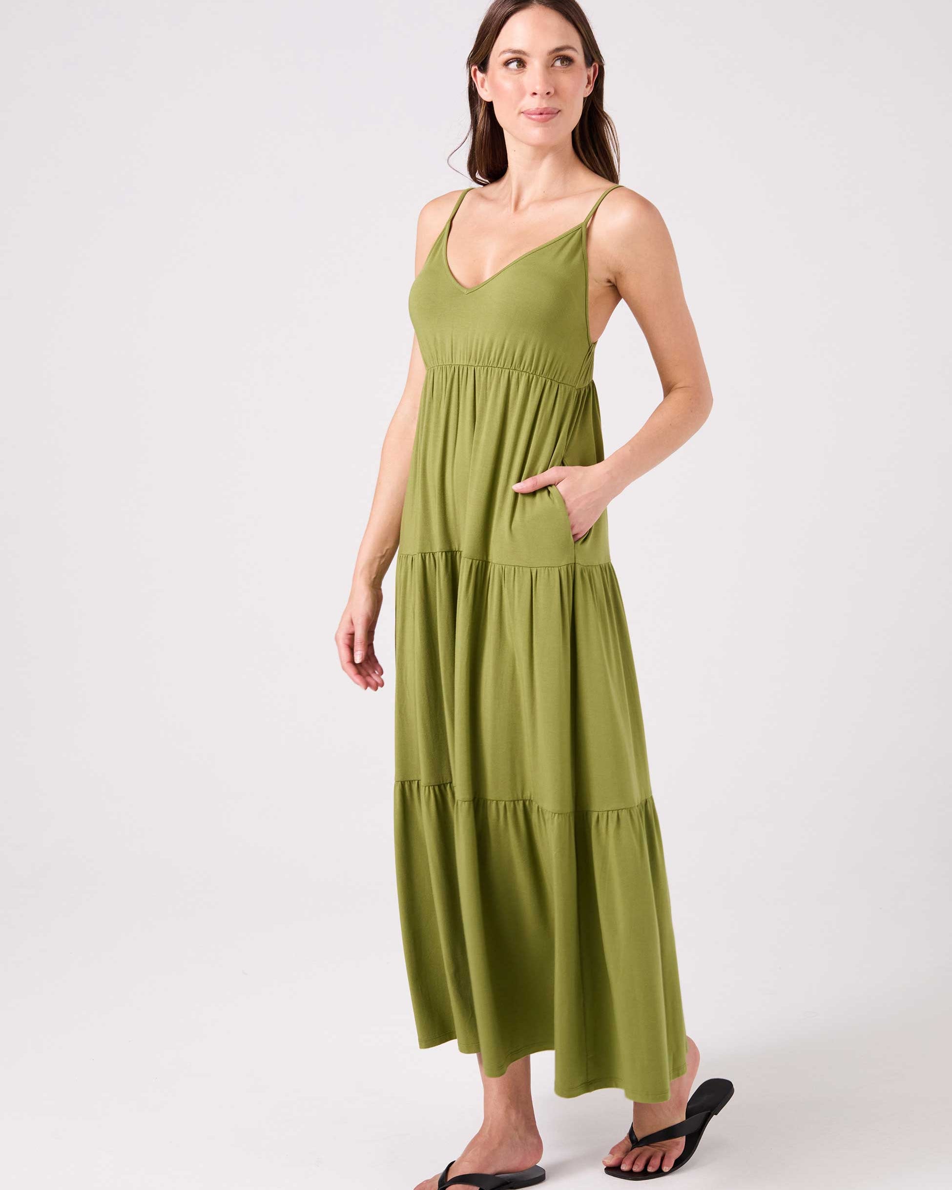 V Neck Gypsy Dress - Olive