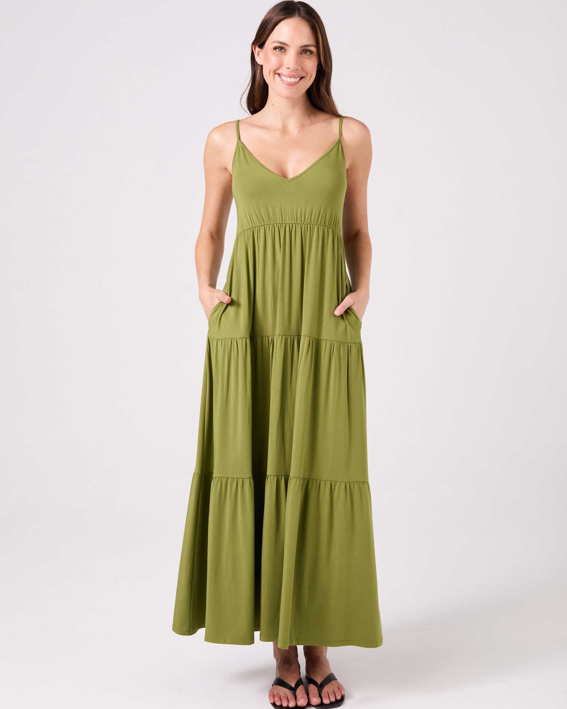 V Neck Gypsy Dress - Olive