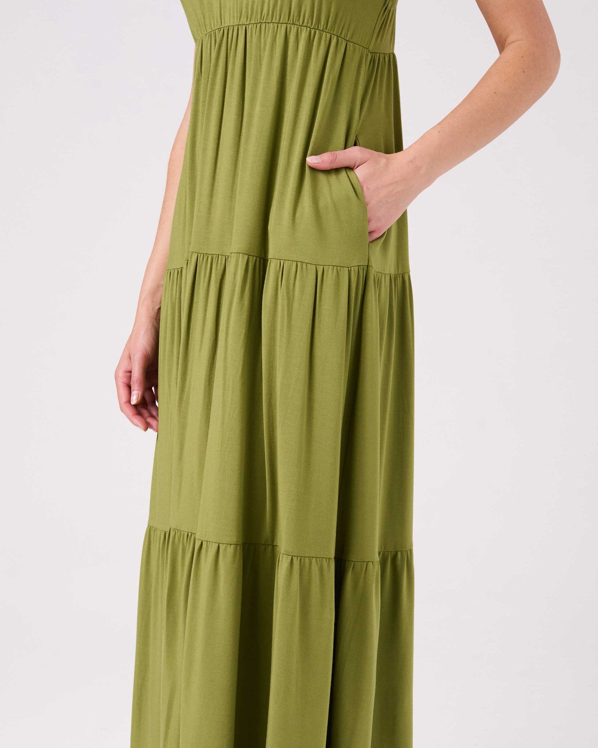 V Neck Gypsy Dress - Olive