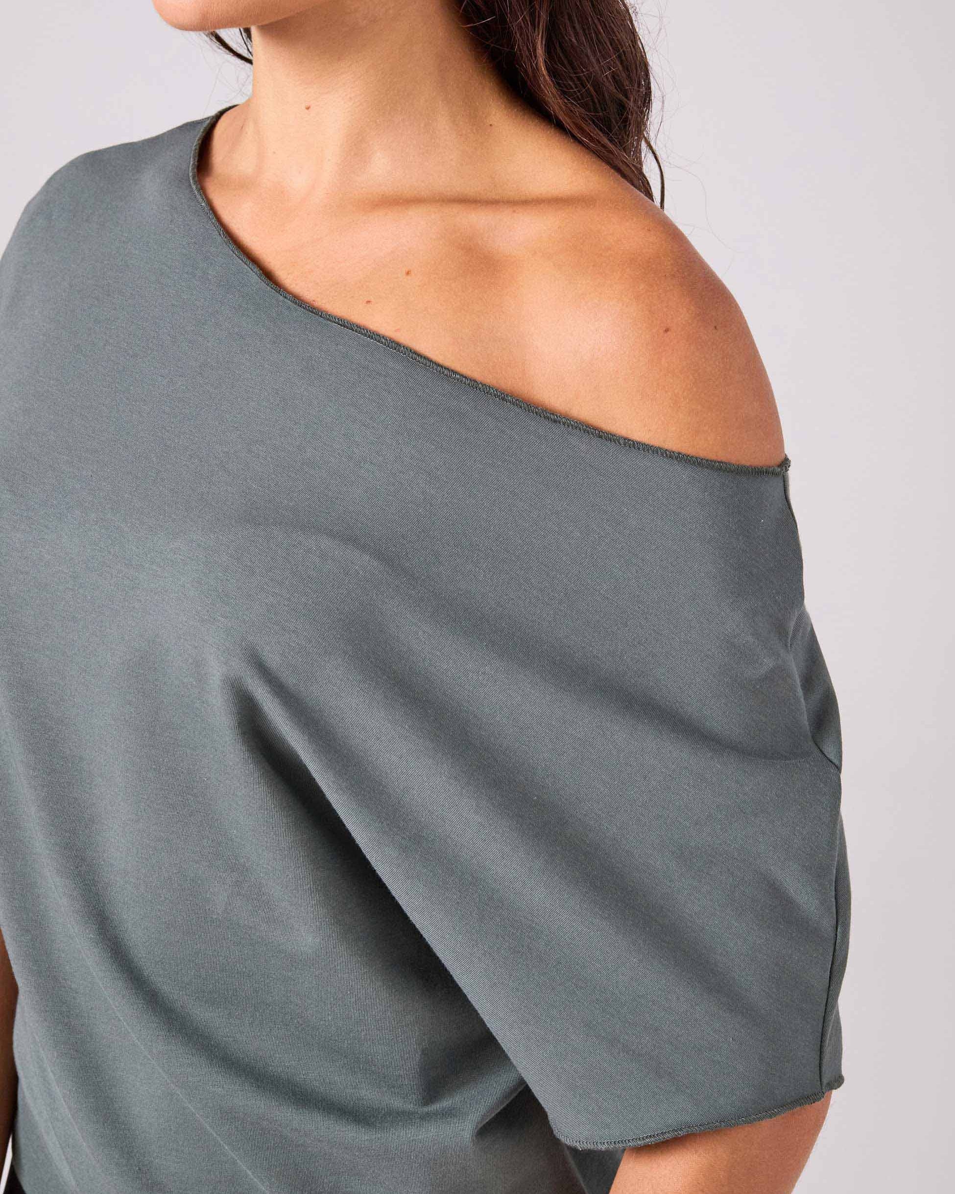 French Terry Short Sleeve Off Shoulder Sweatshirt - Sage