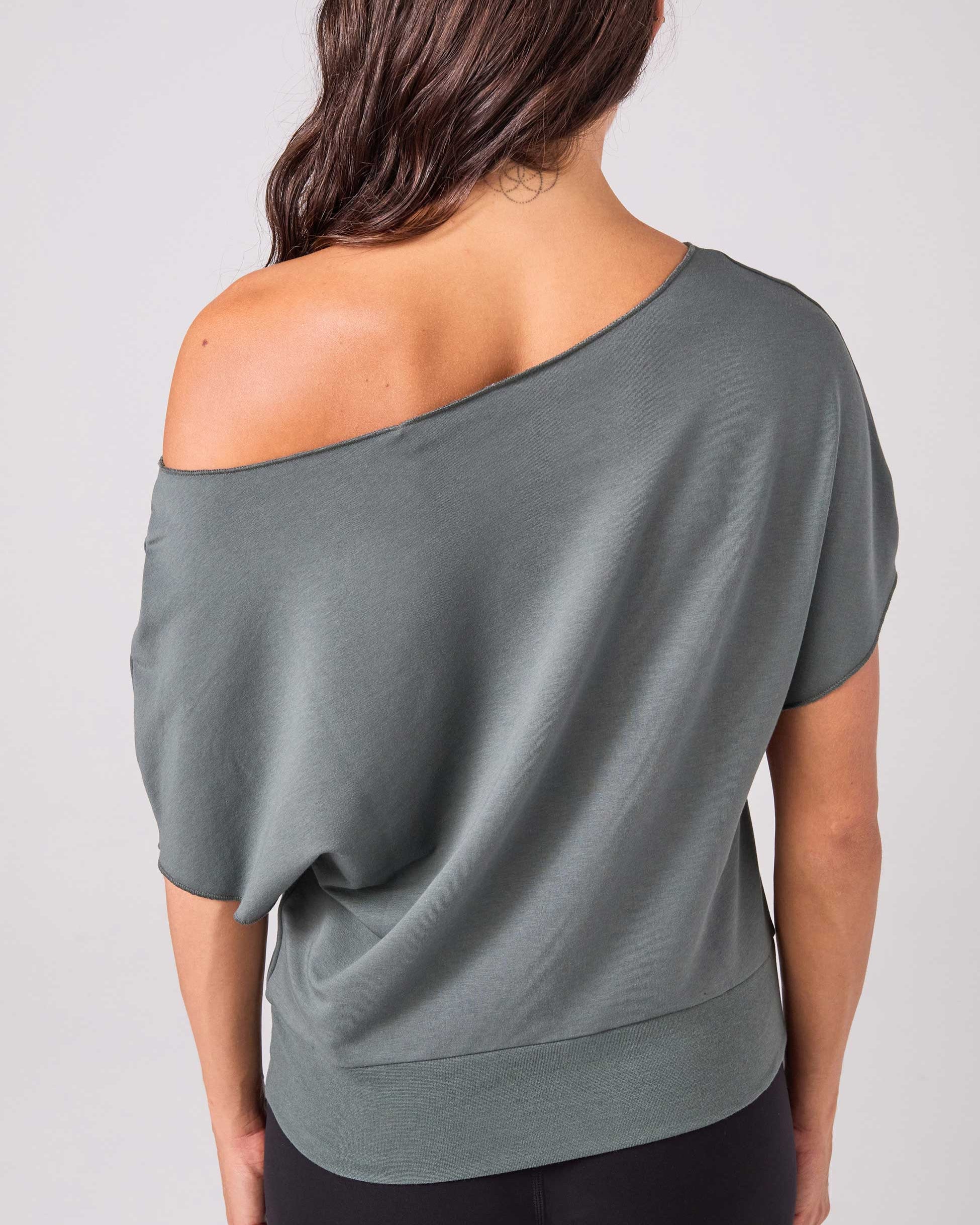 French Terry Short Sleeve Off Shoulder Sweatshirt - Sage