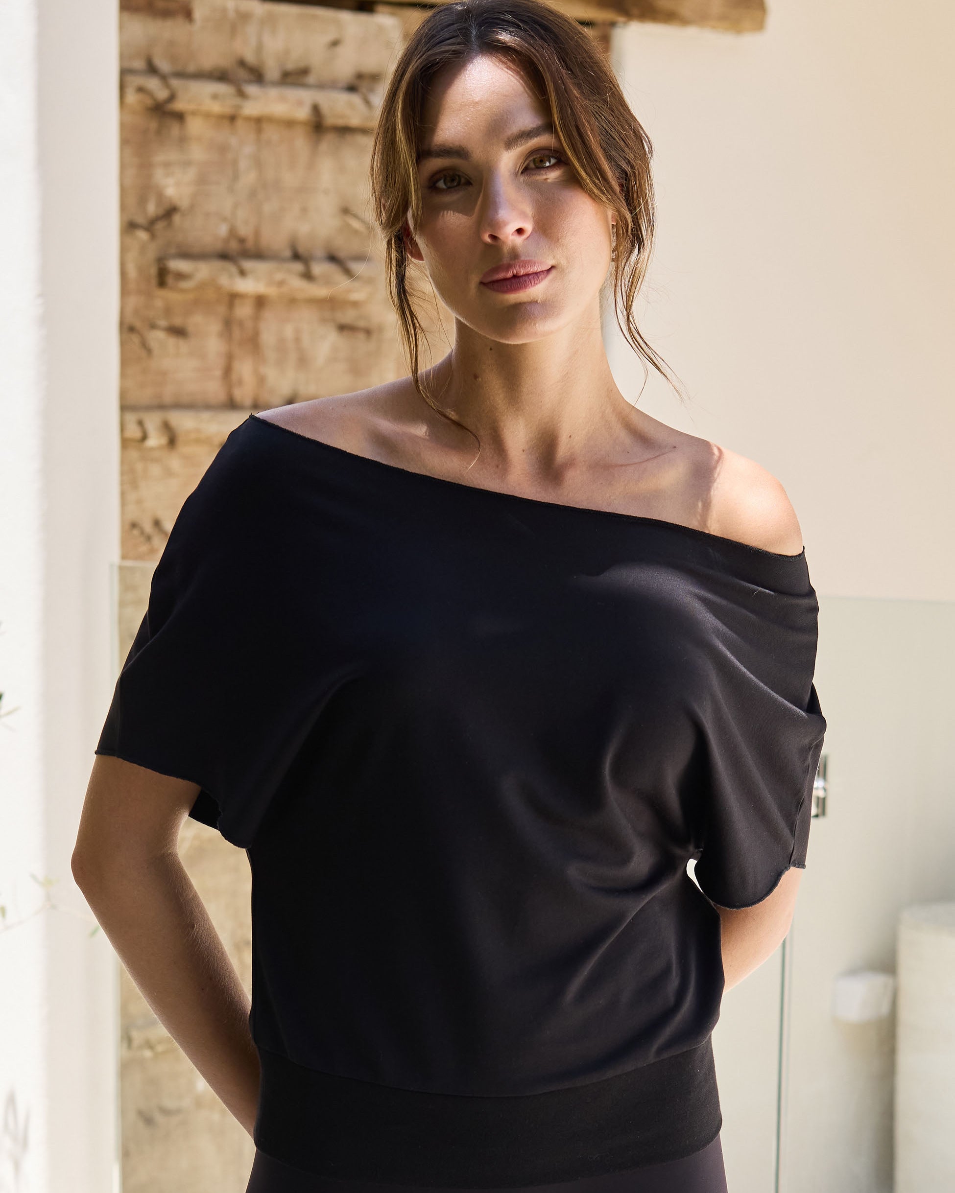 French Terry Short Sleeve Off Shoulder Sweatshirt - Black