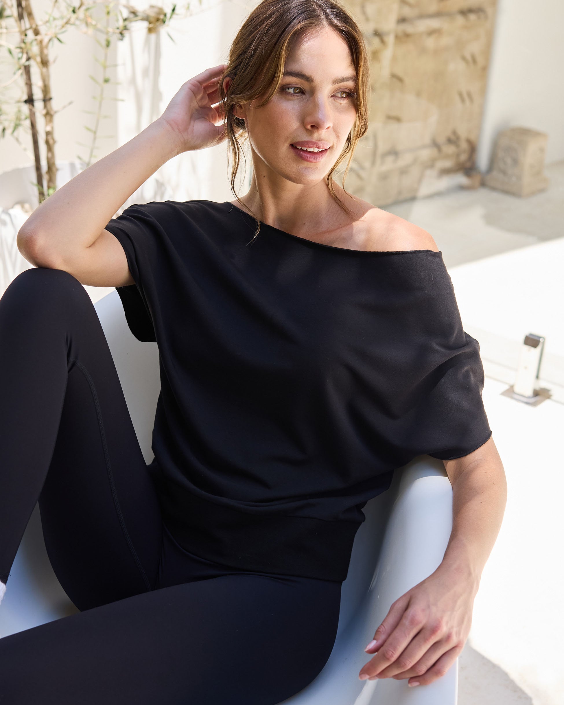 French Terry Short Sleeve Off Shoulder Sweatshirt - Black