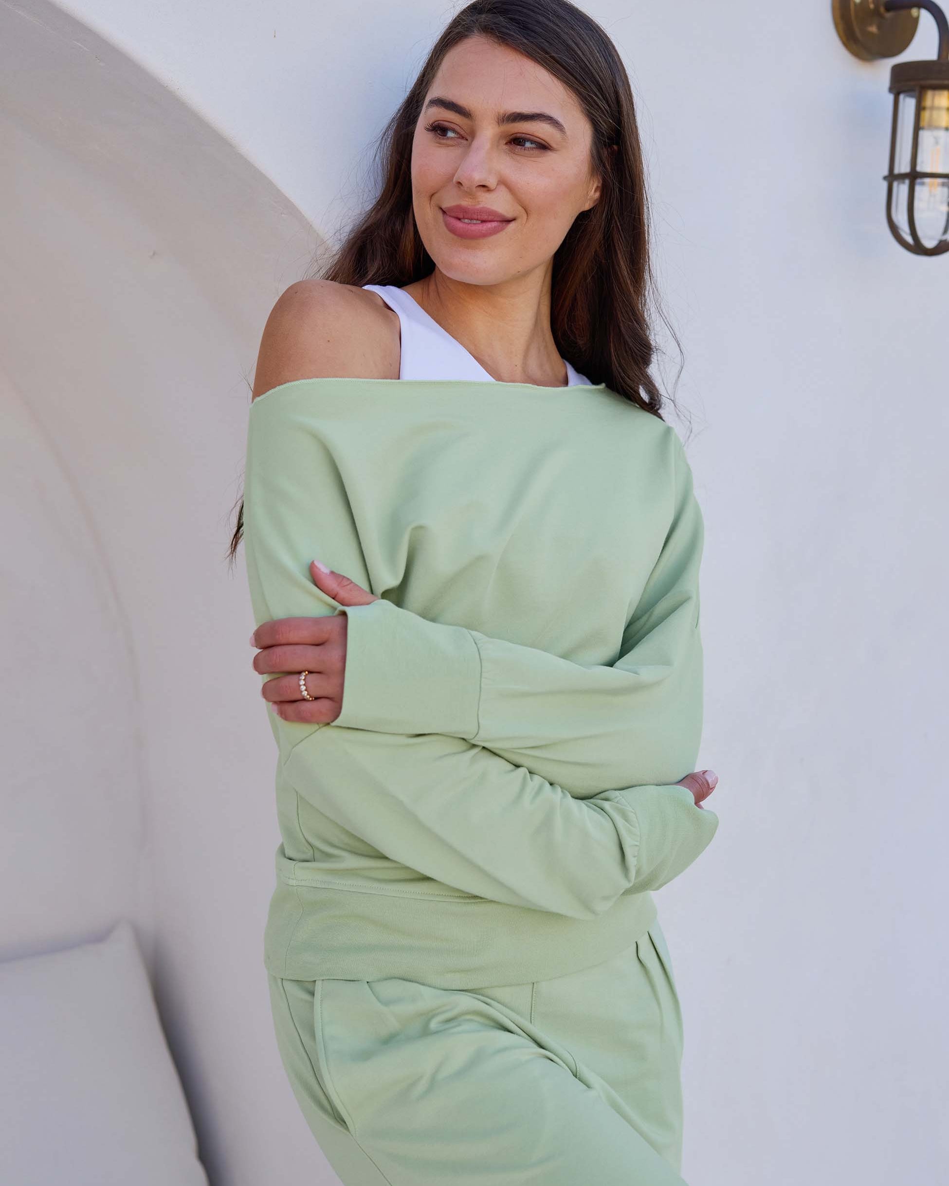 French Terry Off Shoulder Sweatshirt - Matcha Green