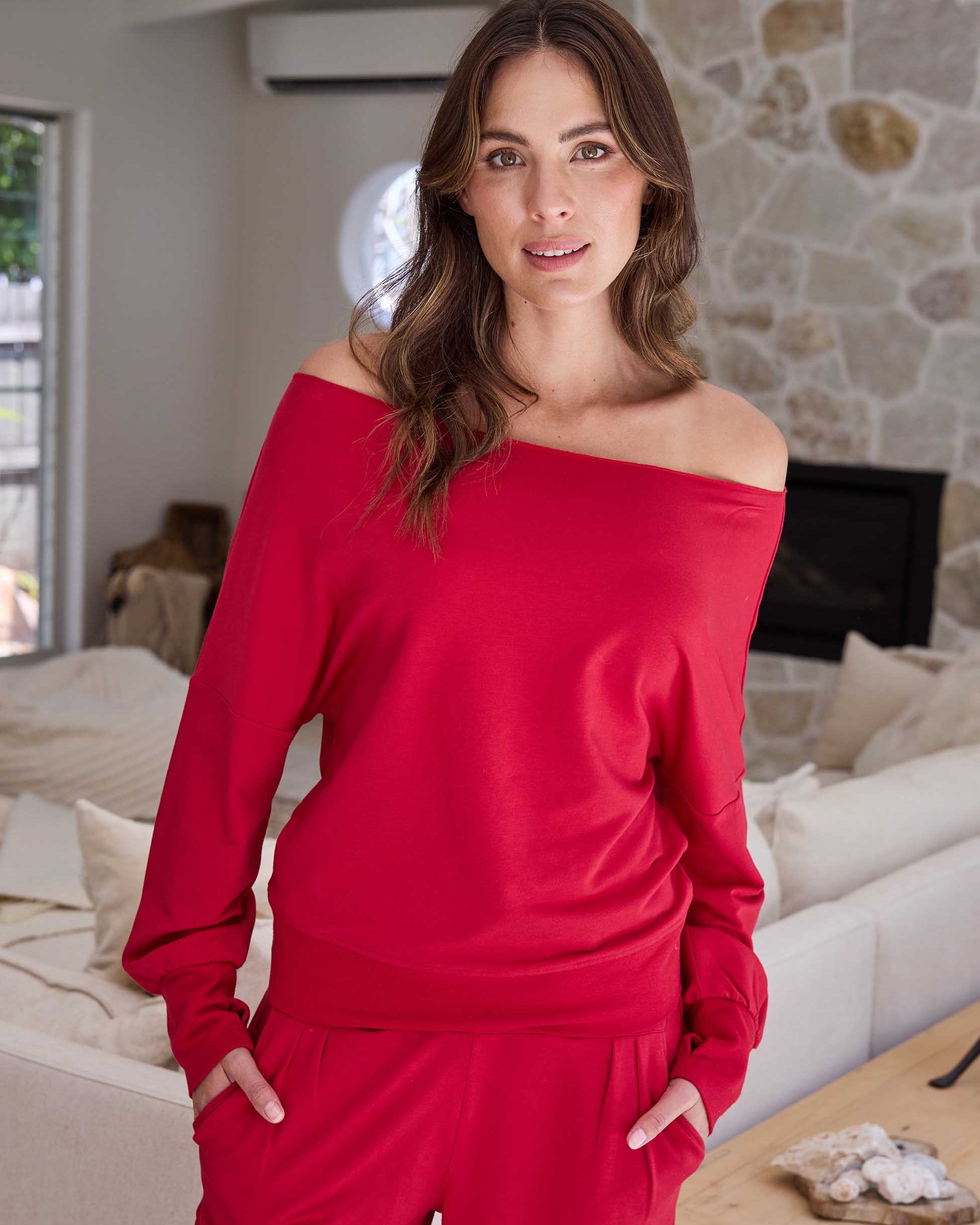 French Terry Off Shoulder Sweatshirt - Cherry