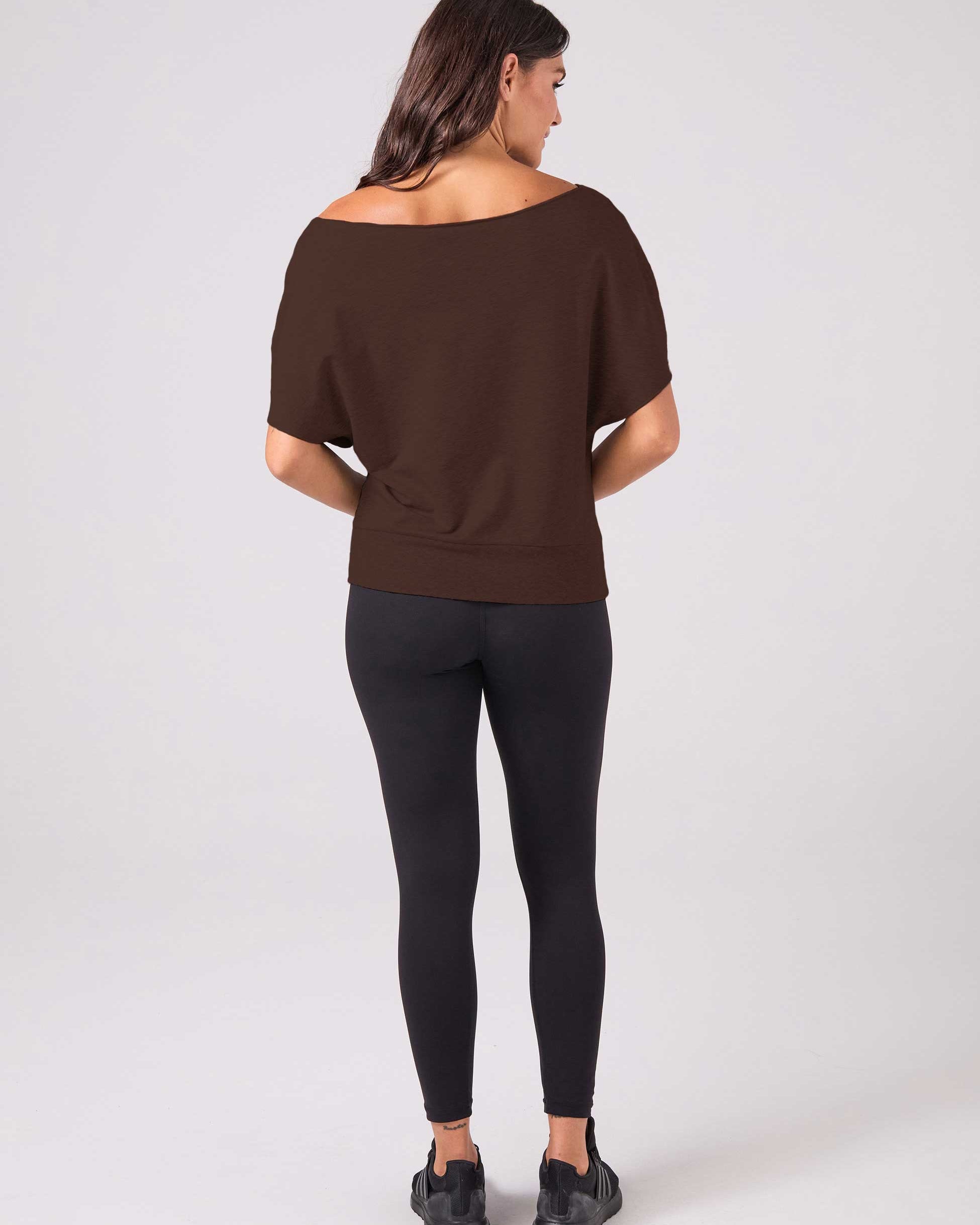 French Terry Short Sleeve Off Shoulder Sweatshirt - Coffee Bean