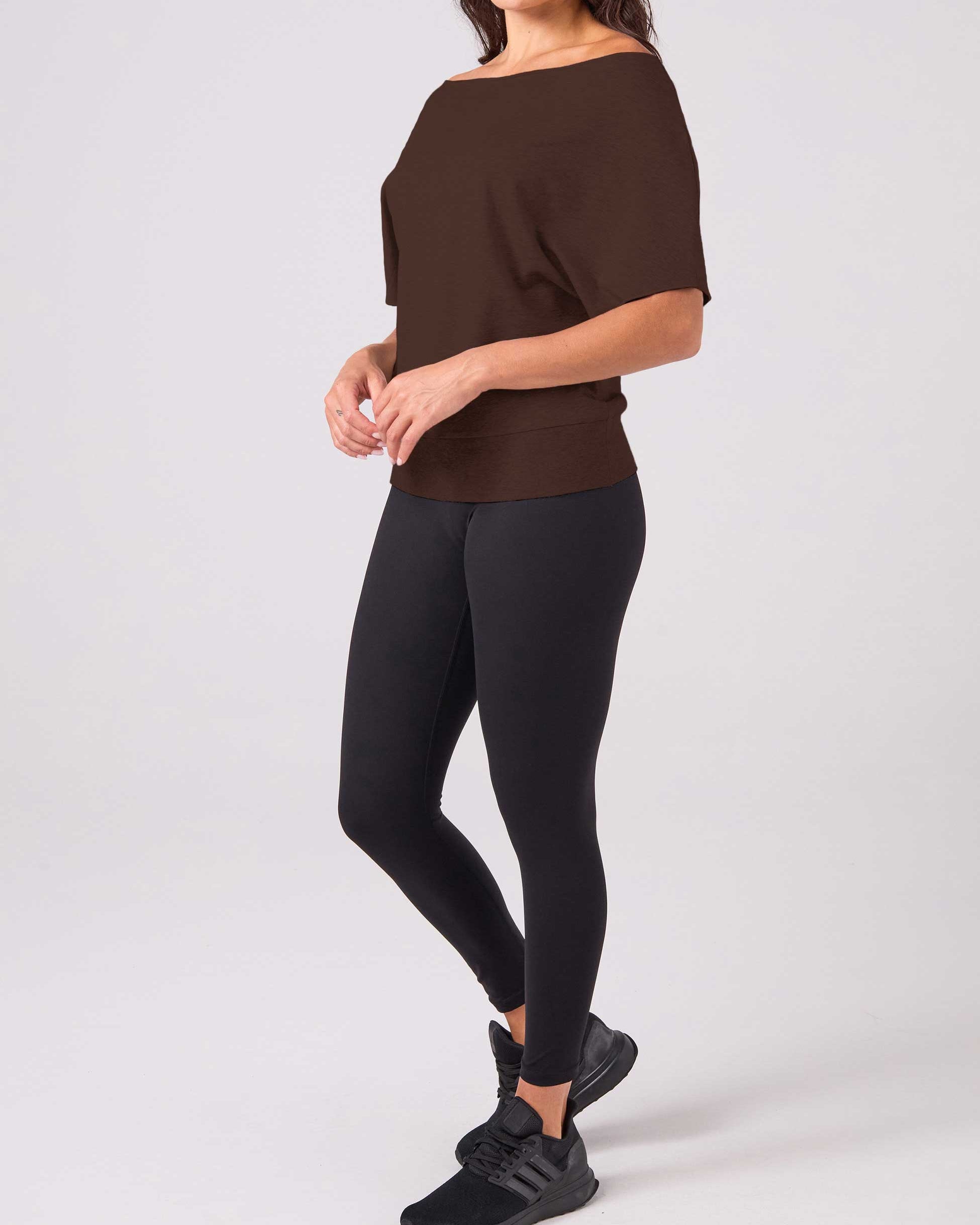 French Terry Short Sleeve Off Shoulder Sweatshirt - Coffee Bean
