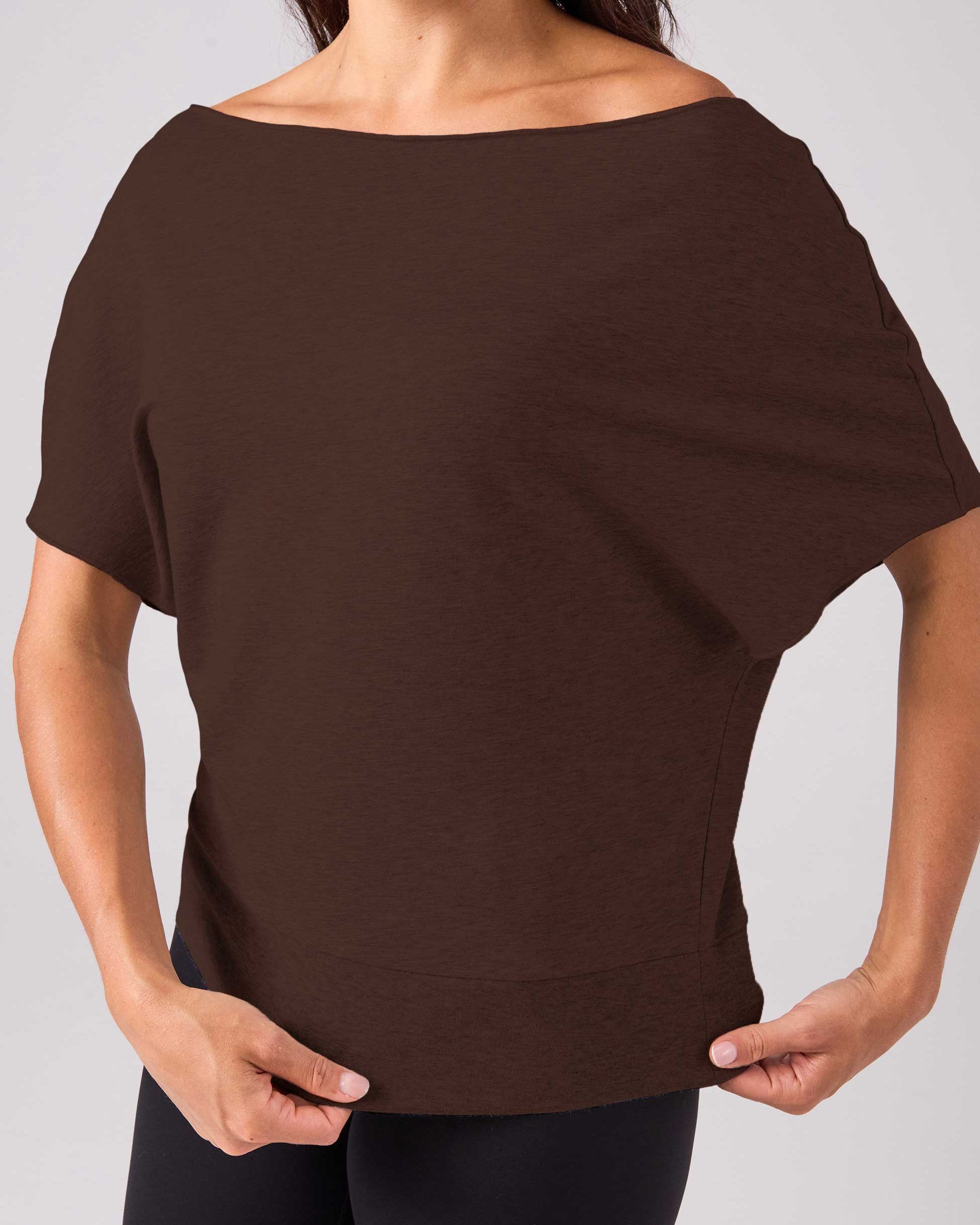 French Terry Short Sleeve Off Shoulder Sweatshirt - Coffee Bean
