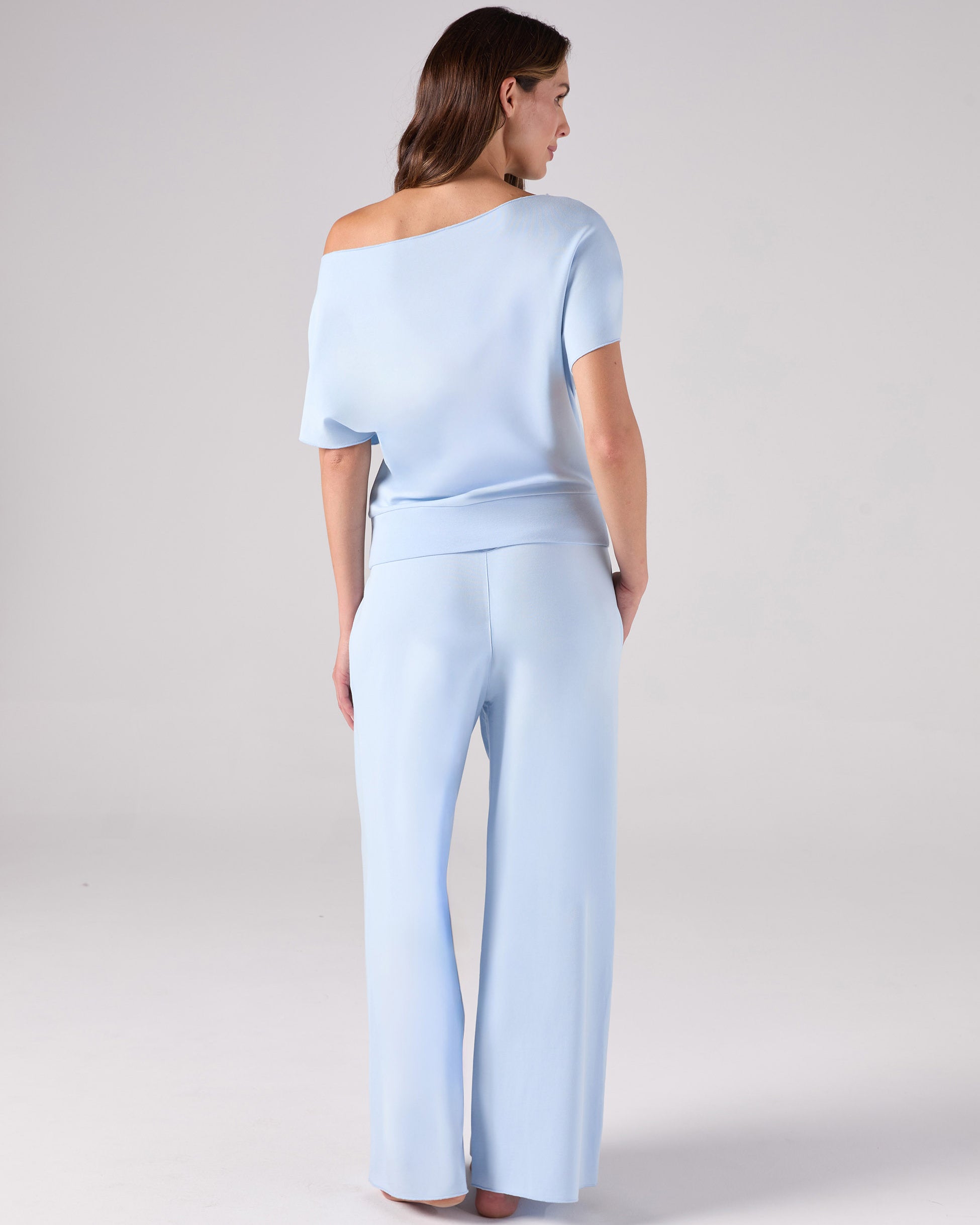 French Terry Short Sleeve Off Shoulder Sweatshirt - Cashmere Blue