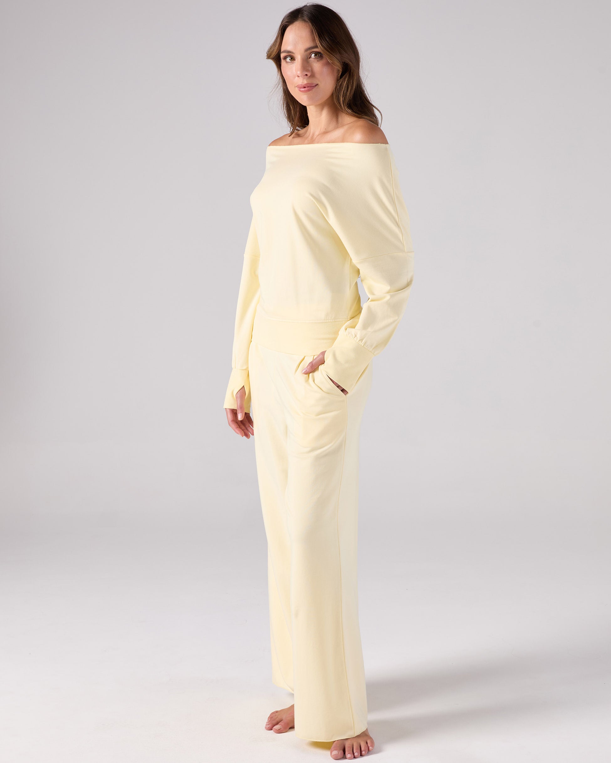 French Terry Off Shoulder Sweatshirt - Pastel Yellow