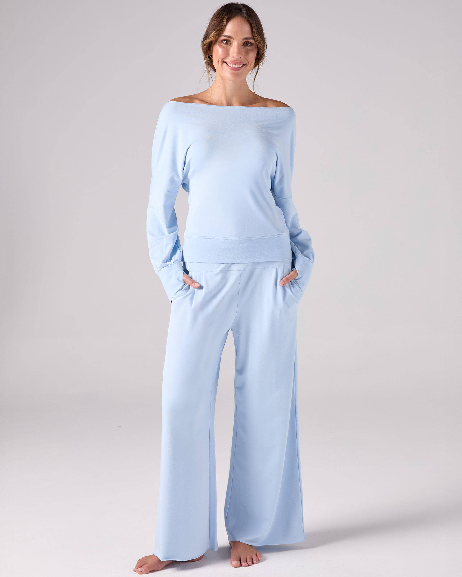 French Terry Off Shoulder Sweatshirt - Cashmere Blue