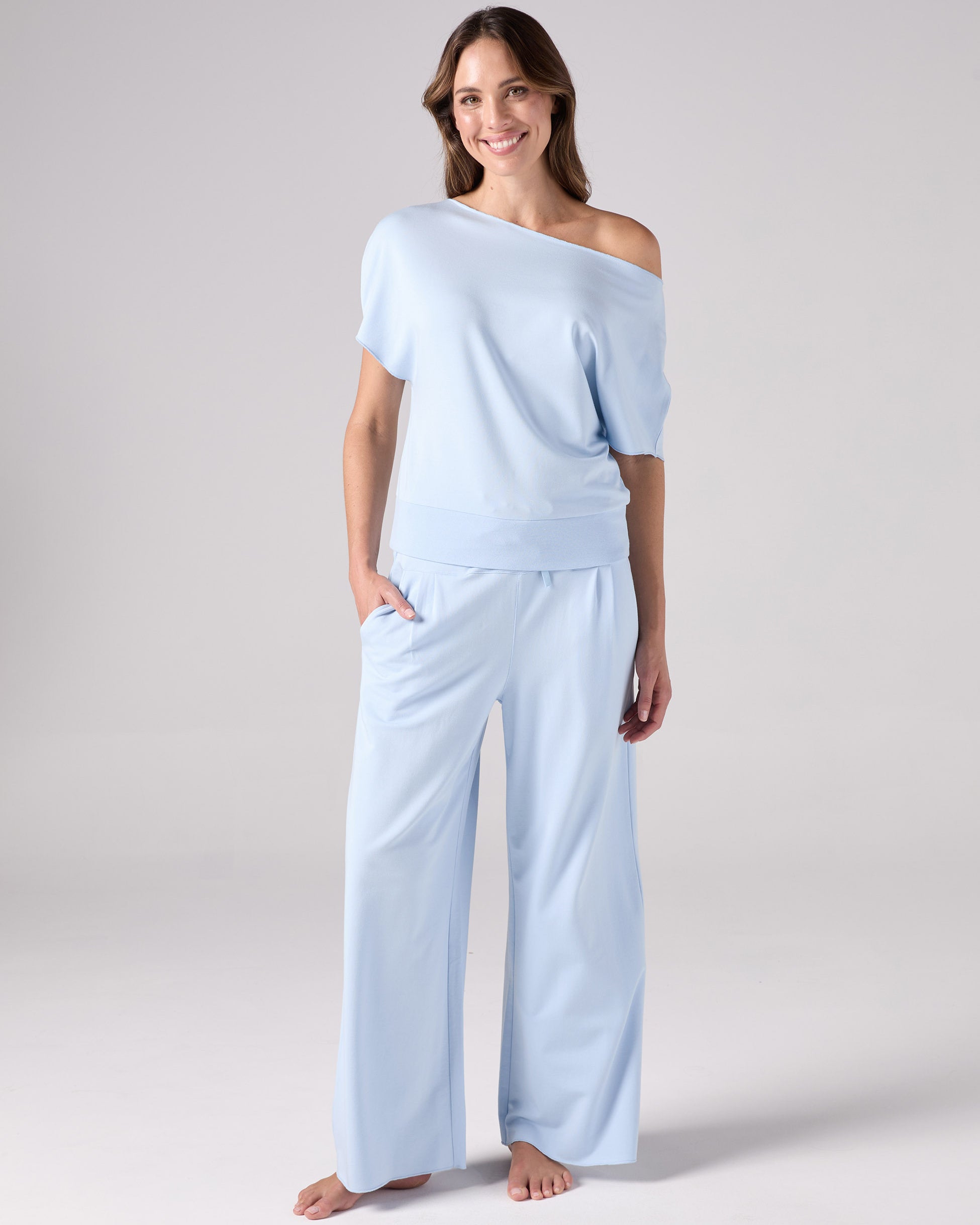 French Terry Short Sleeve Off Shoulder Sweatshirt - Cashmere Blue