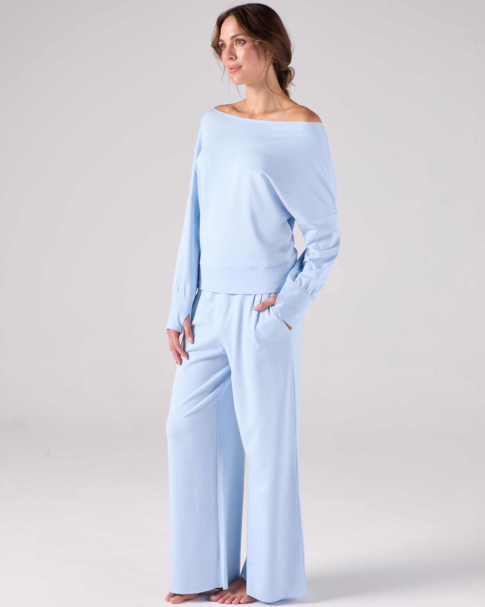 French Terry Off Shoulder Sweatshirt - Cashmere Blue