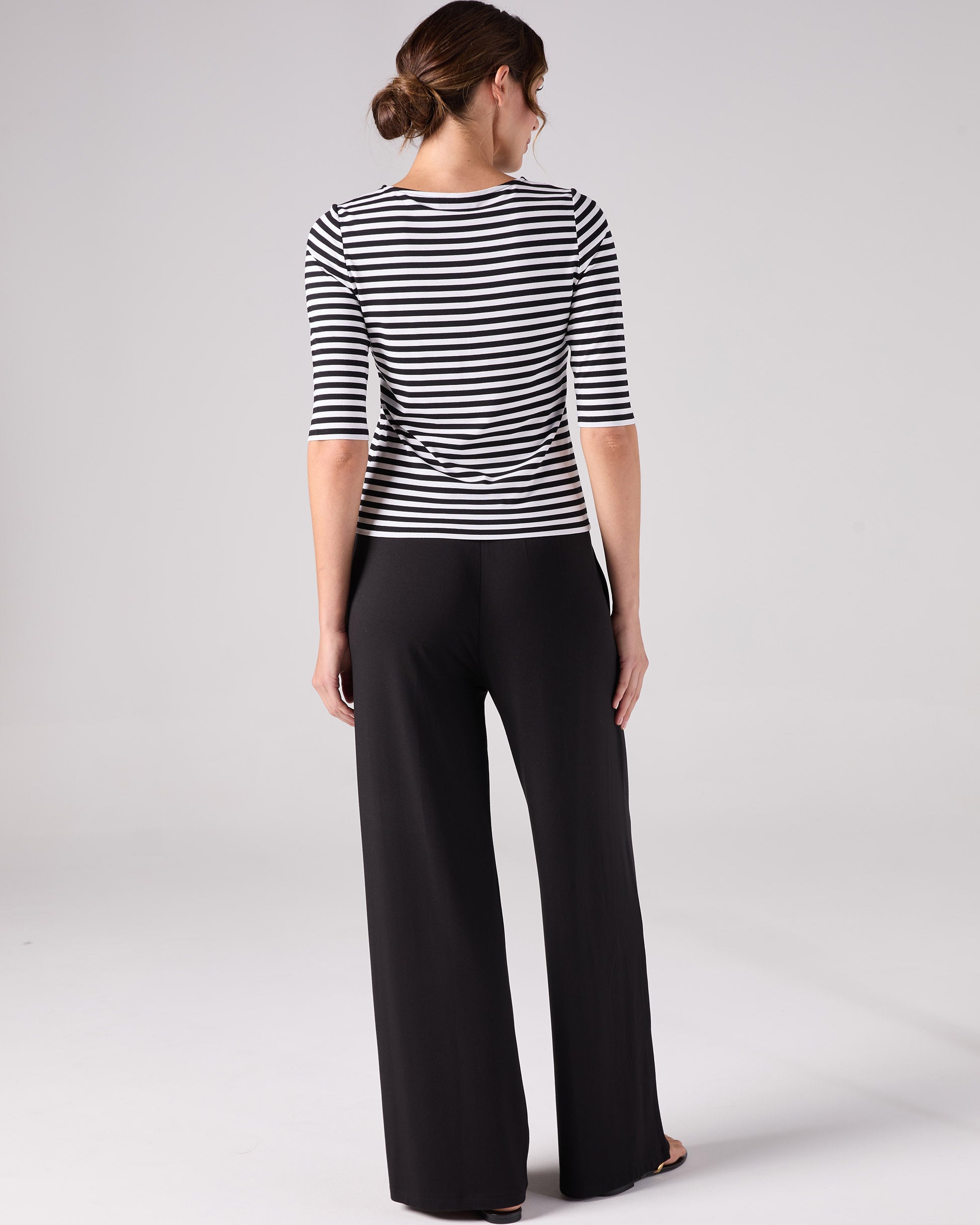 Stripe 7/8 Sleeve Crew Top - Black