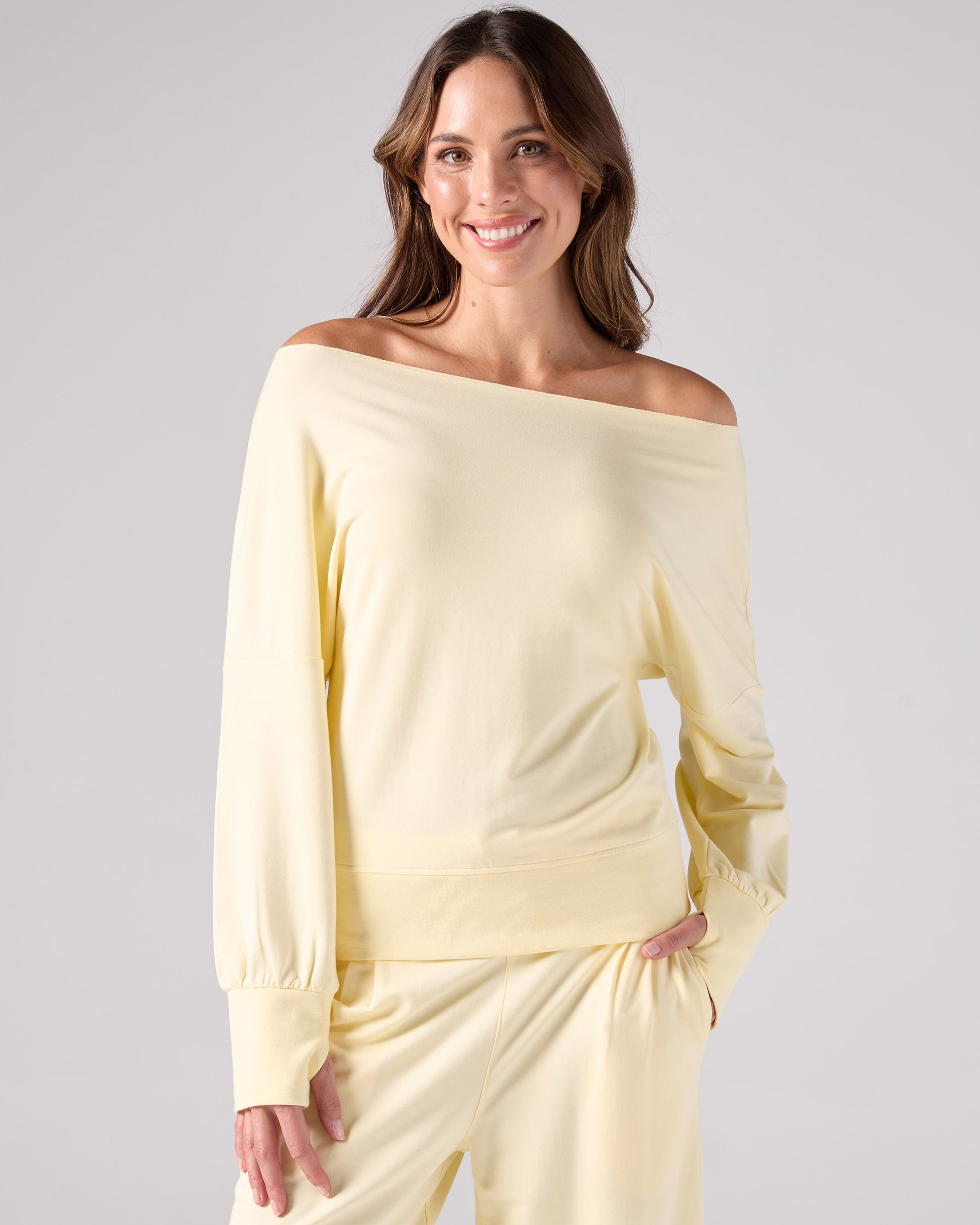 French Terry Off Shoulder Sweatshirt - Pastel Yellow
