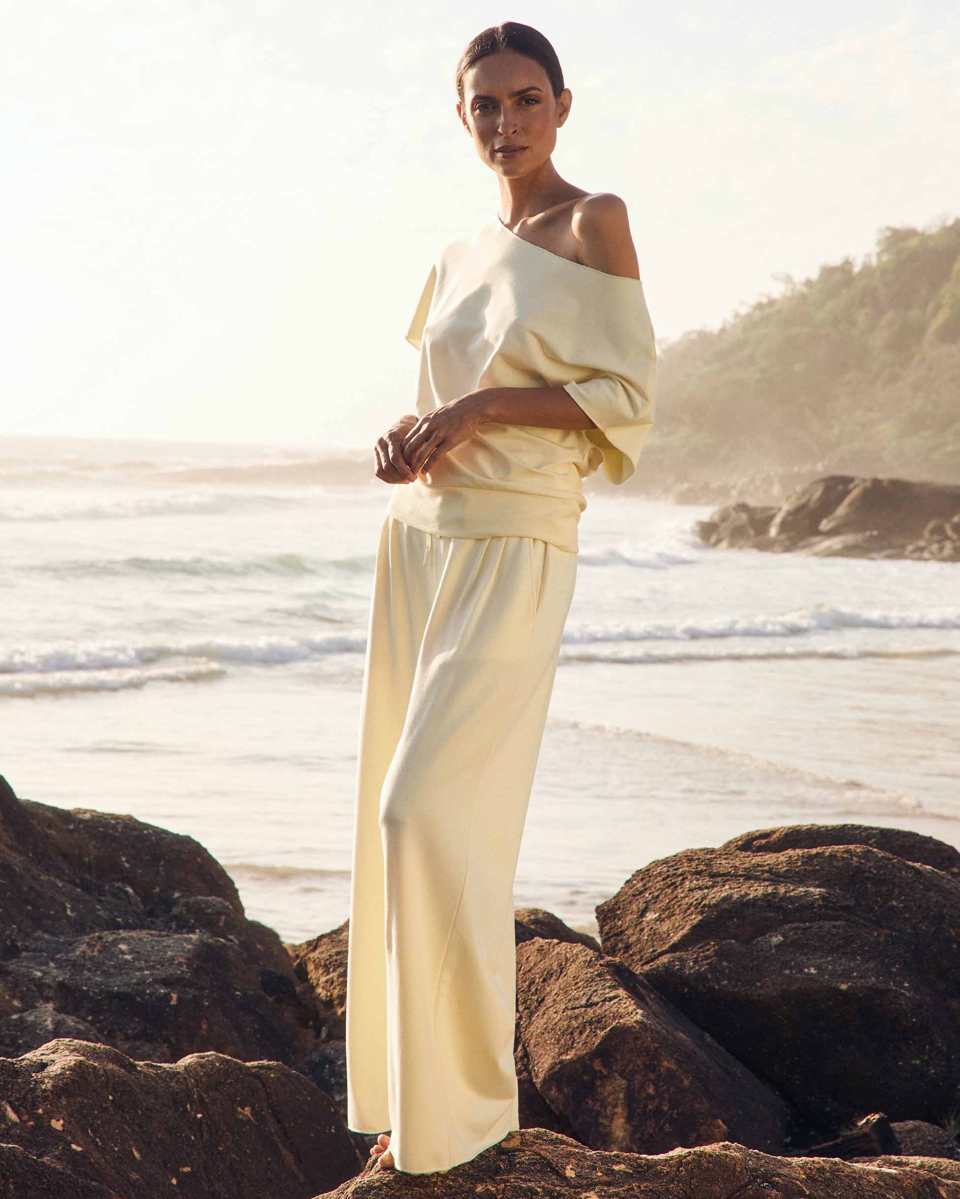 French Terry Short Sleeve Off Shoulder Sweatshirt - Pastel Yellow