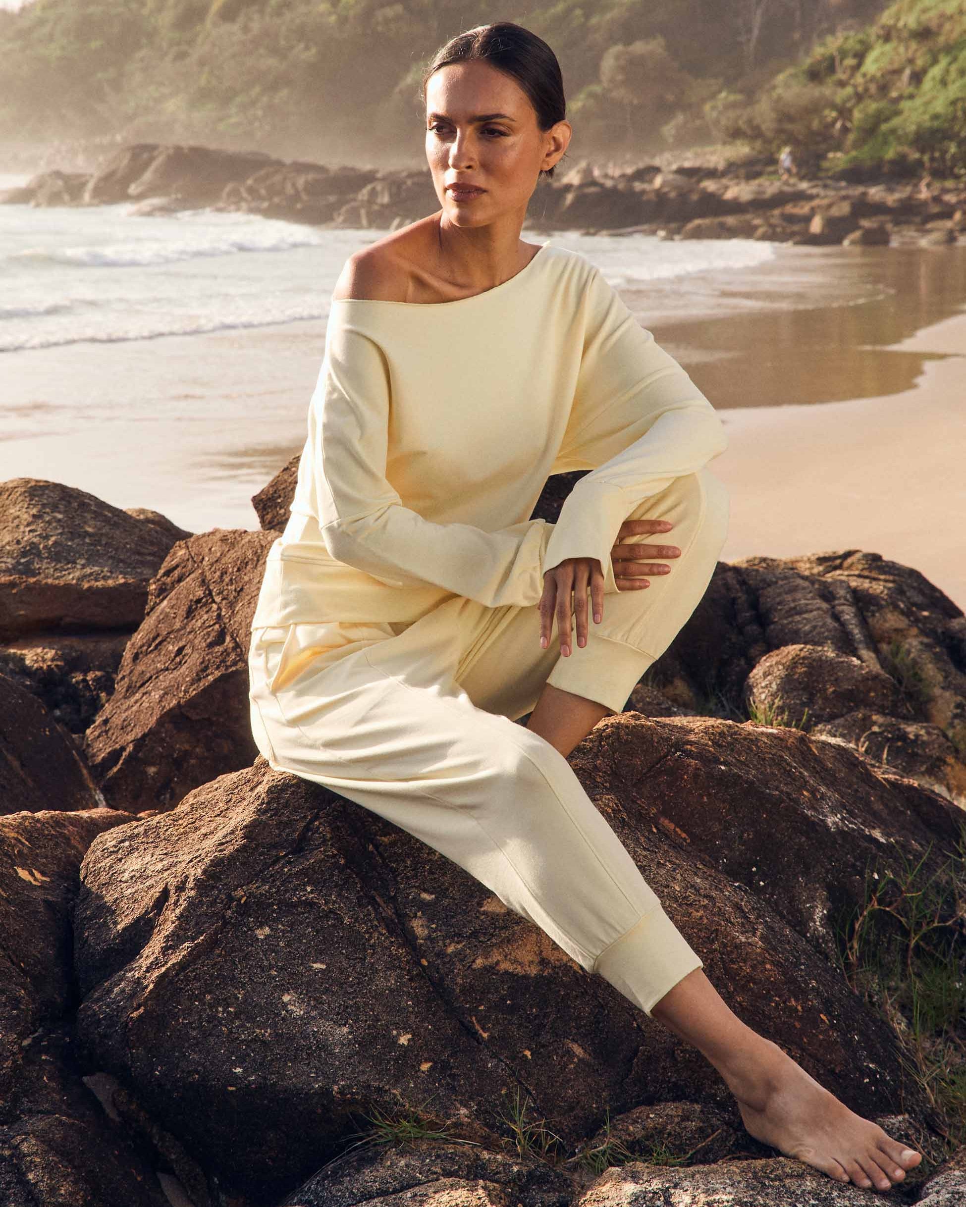 French Terry Off Shoulder Sweatshirt - Pastel Yellow