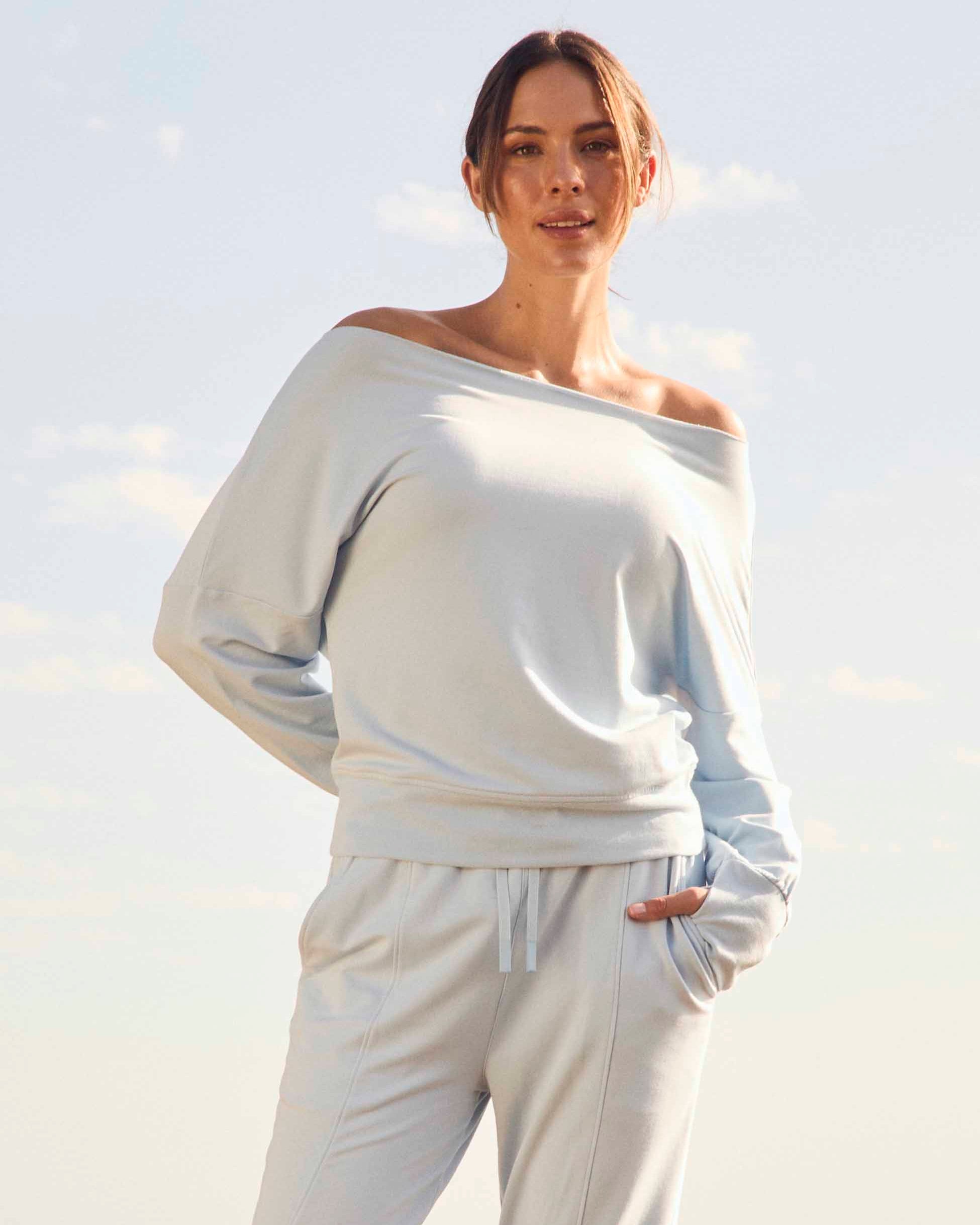 French Terry Off Shoulder Sweatshirt - Cashmere Blue