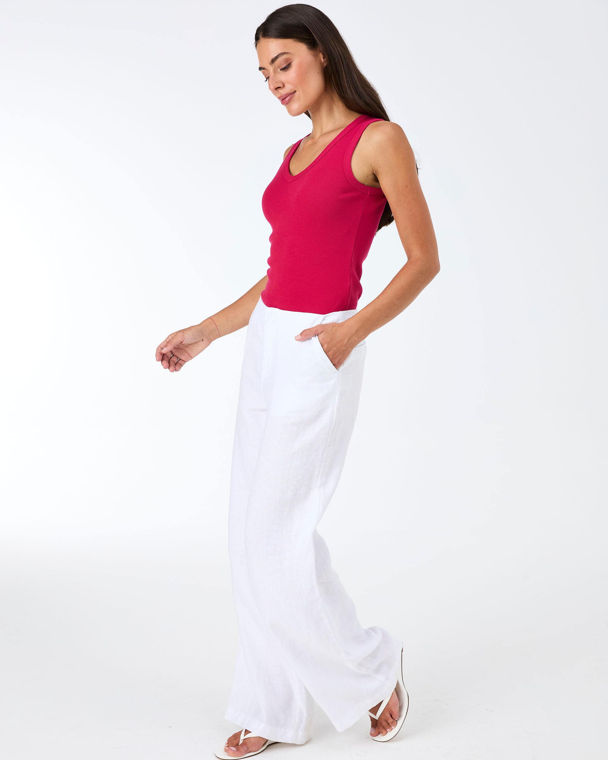 V neck Rib Tank - Cerise