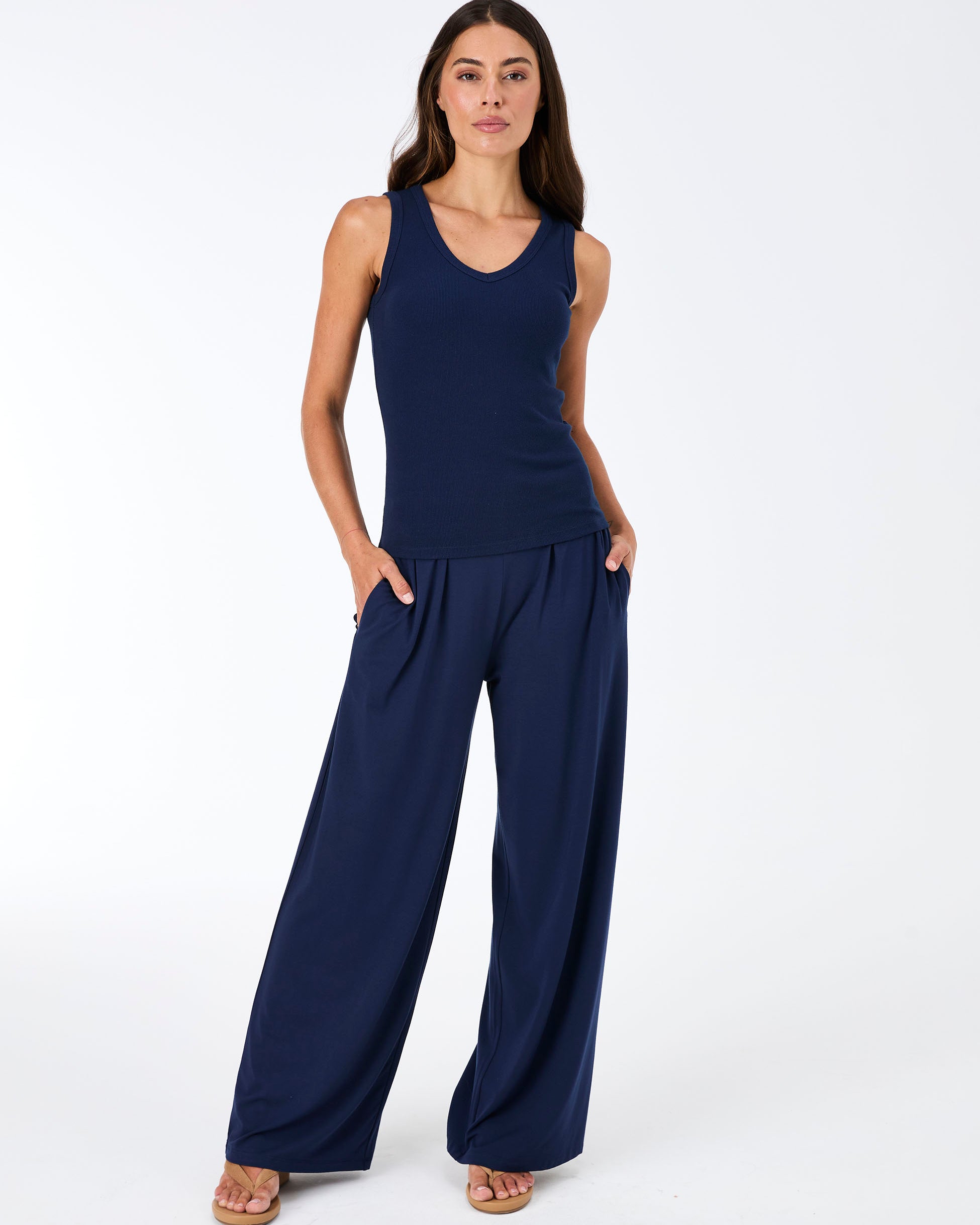 V neck Rib Tank - Navy